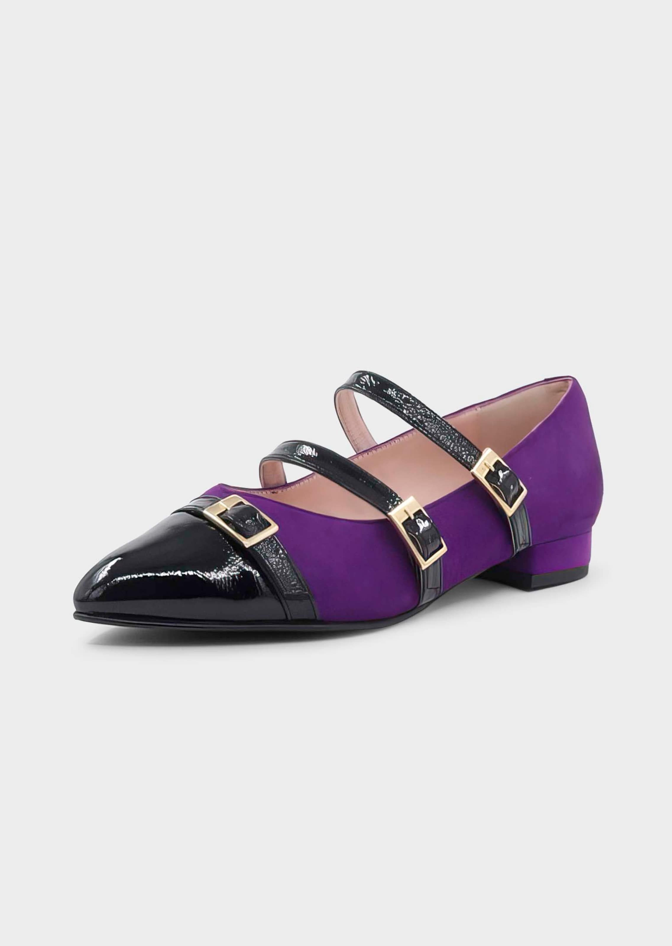 Wildleder-Ballerina mit Riemchen in Lackoptik