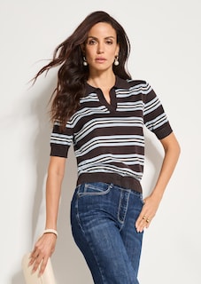 Pull rayé en fine maille avec col polo thumbnail 1