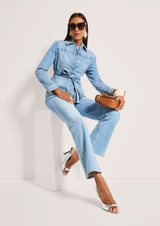 Lange denim jas met strikceintuur thumbnail 5