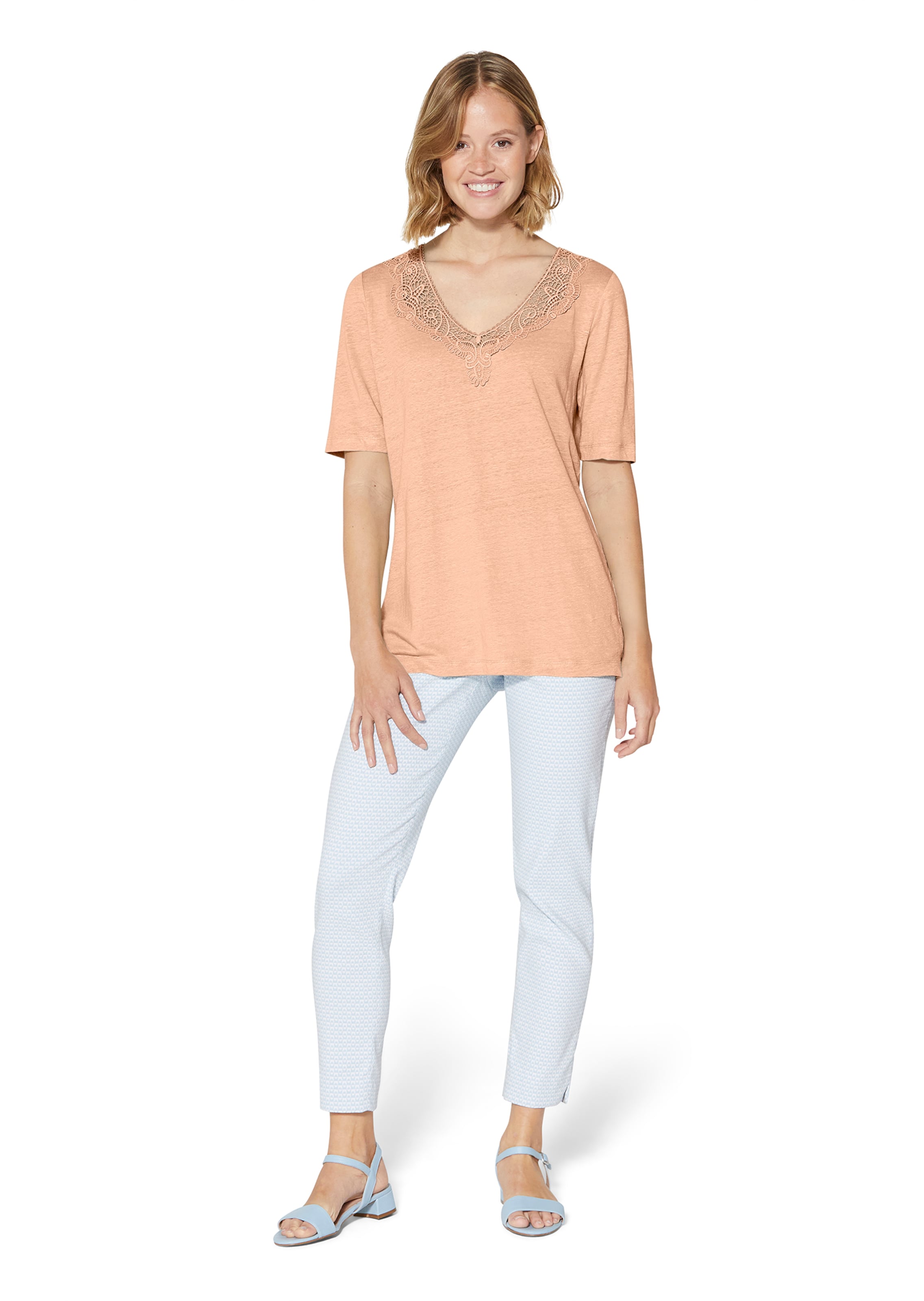 Leinenshirt mit kurzen Ärmeln und feiner Spitze