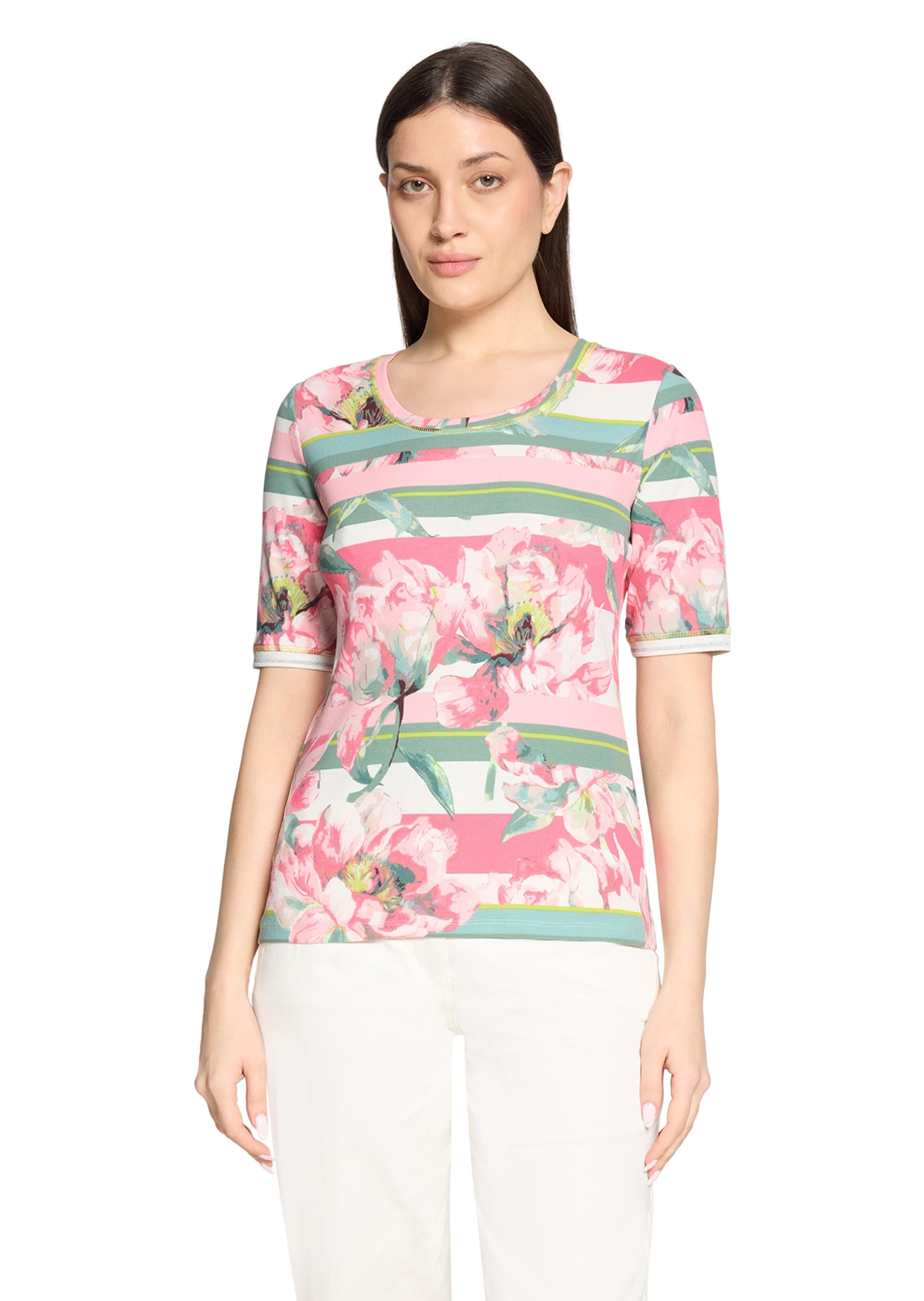 Rippenshirt mit Blüten und Streifen