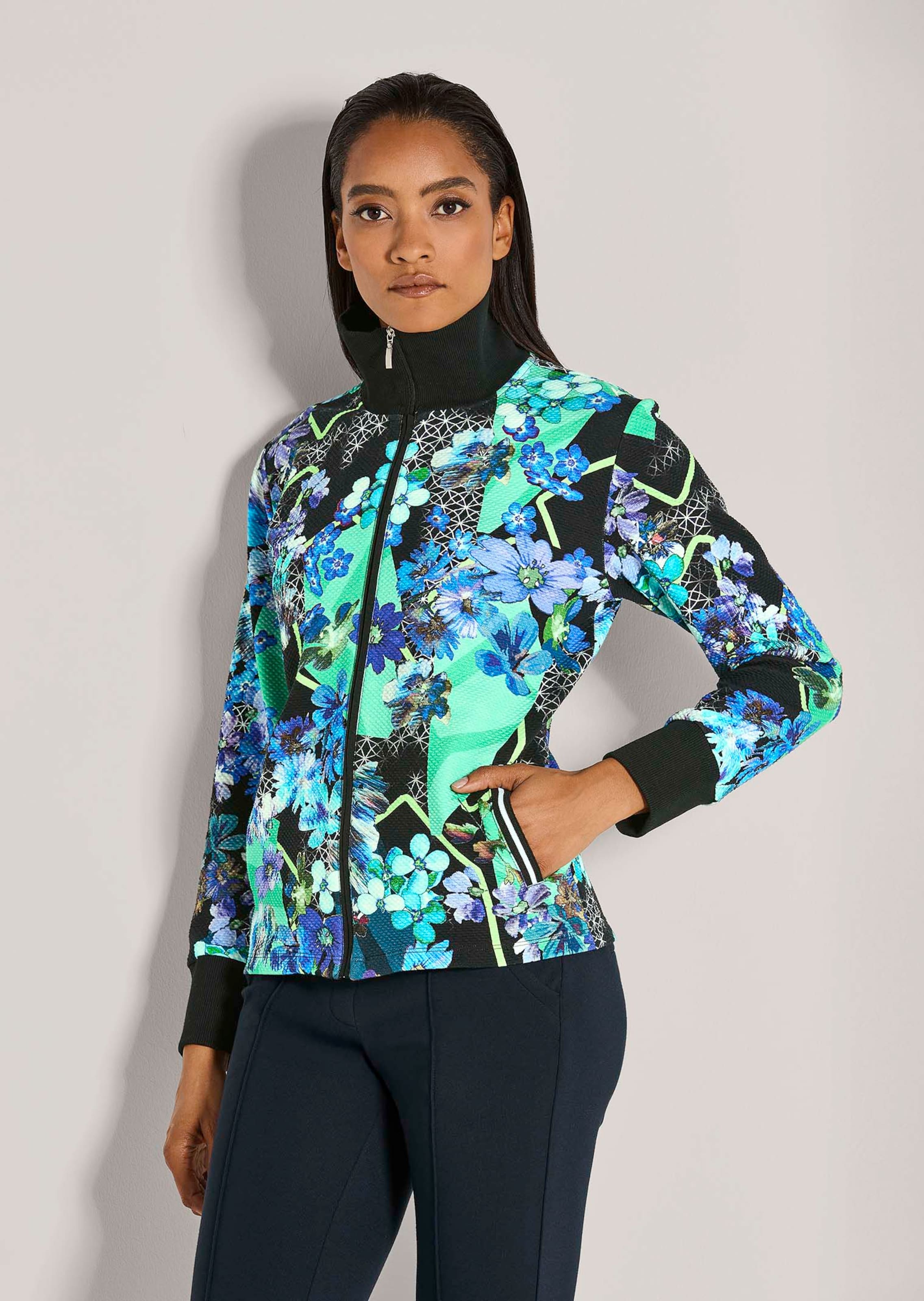 Bedruckte Sweat-Jacke mit Stehkragen und Zipper