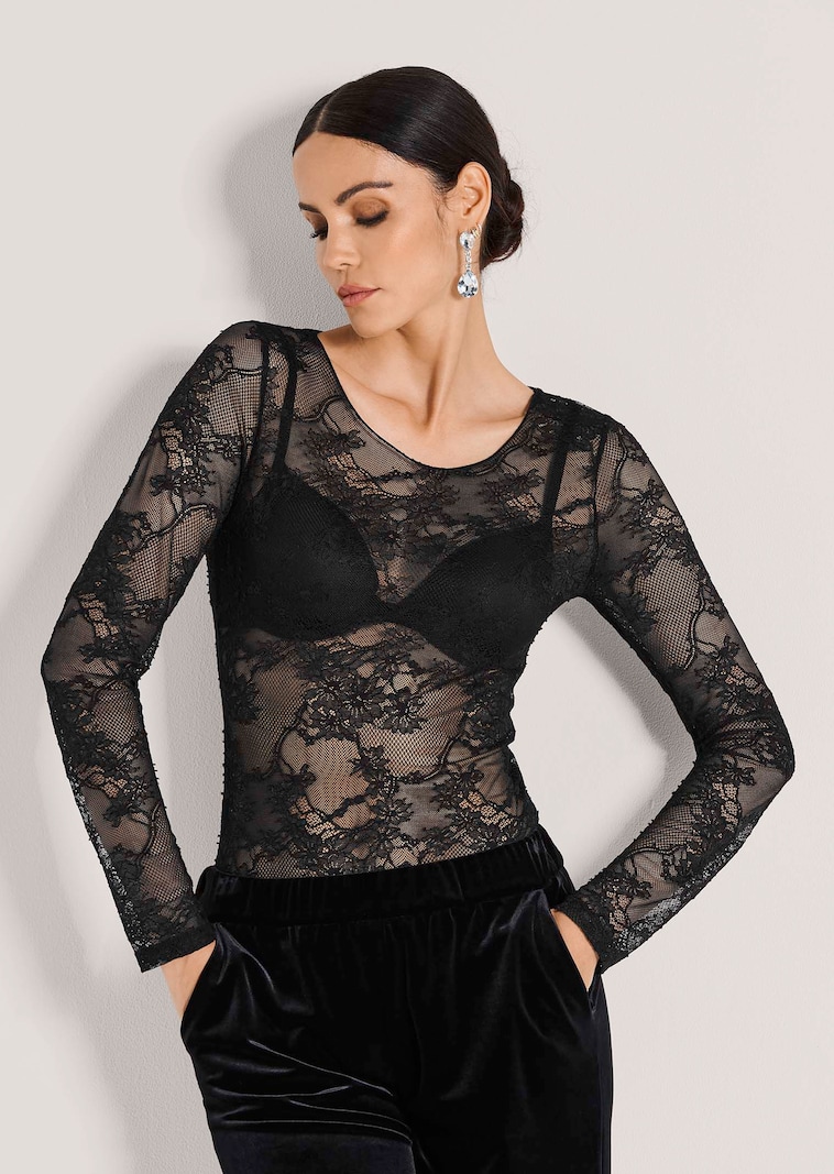 Top en tulle transparent à manches longues