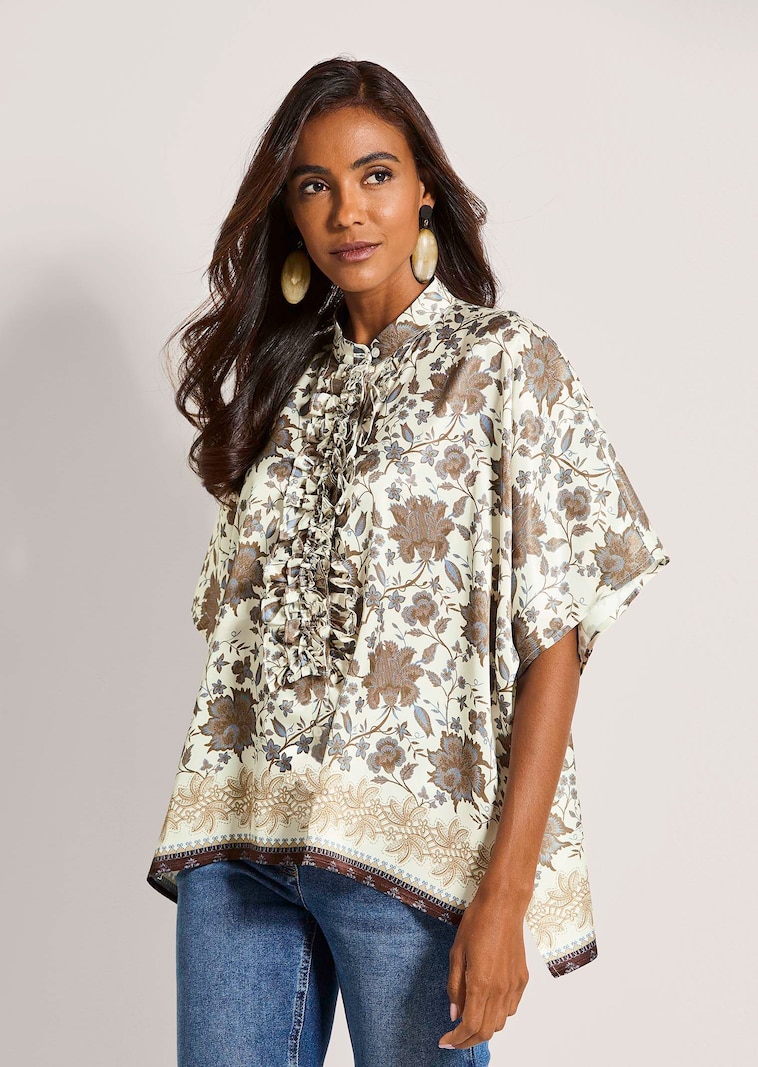 Florale Kimono-Bluse mit Rüsche