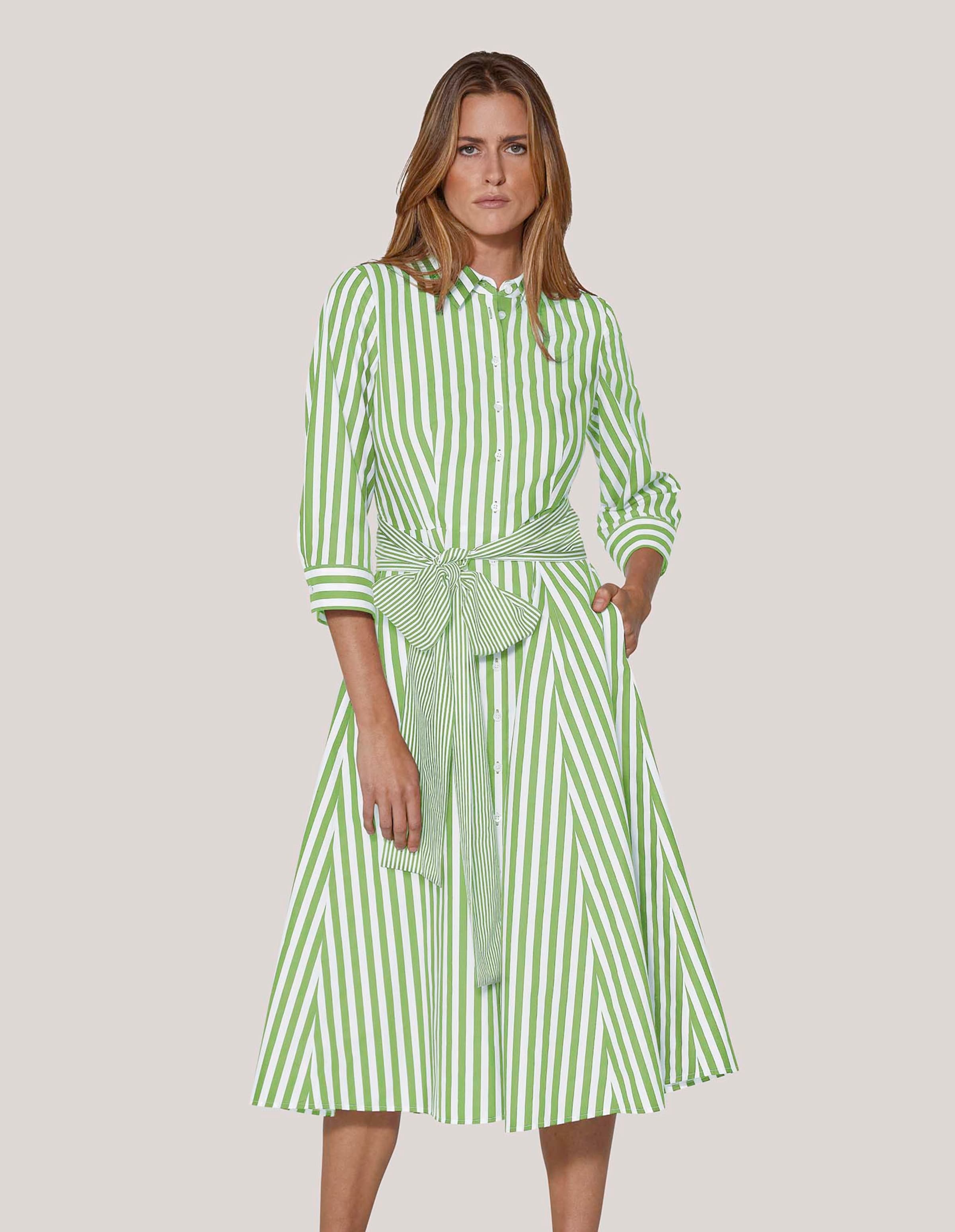 Striped midi shirt dress with wide tie belt