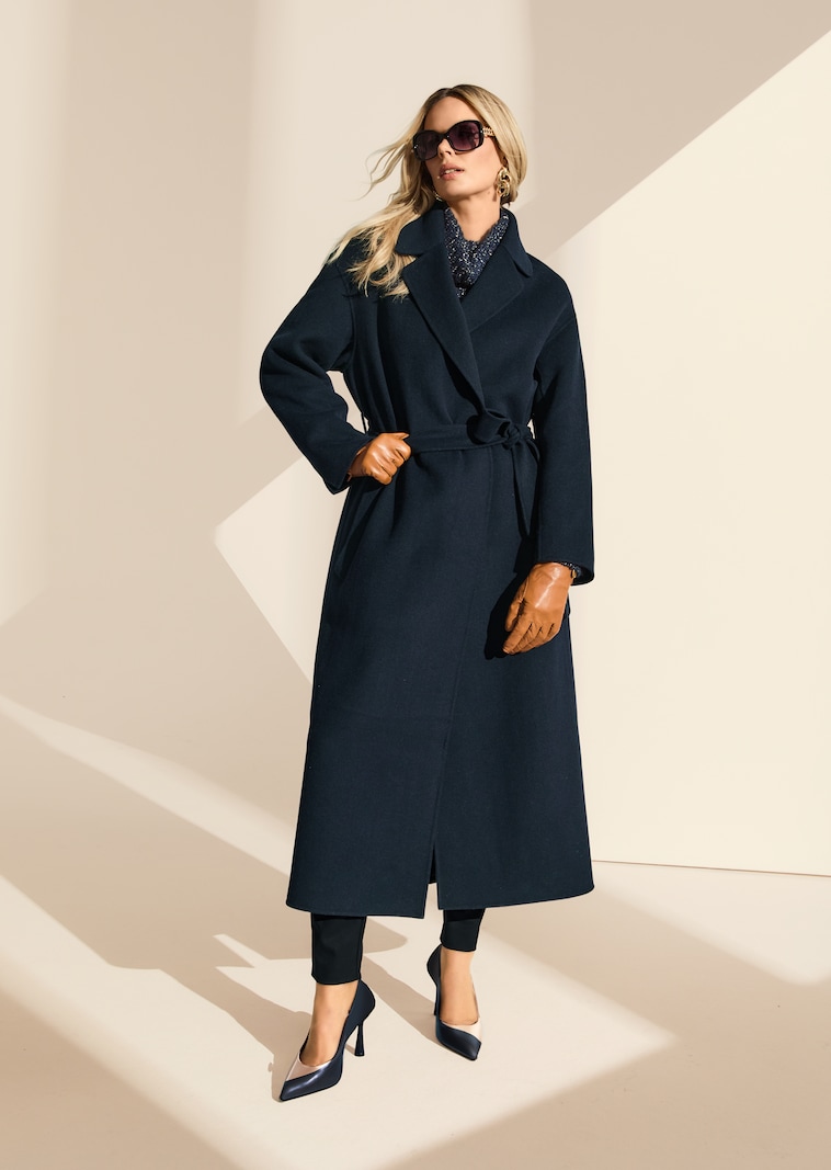 Long wool coat with tie belt
