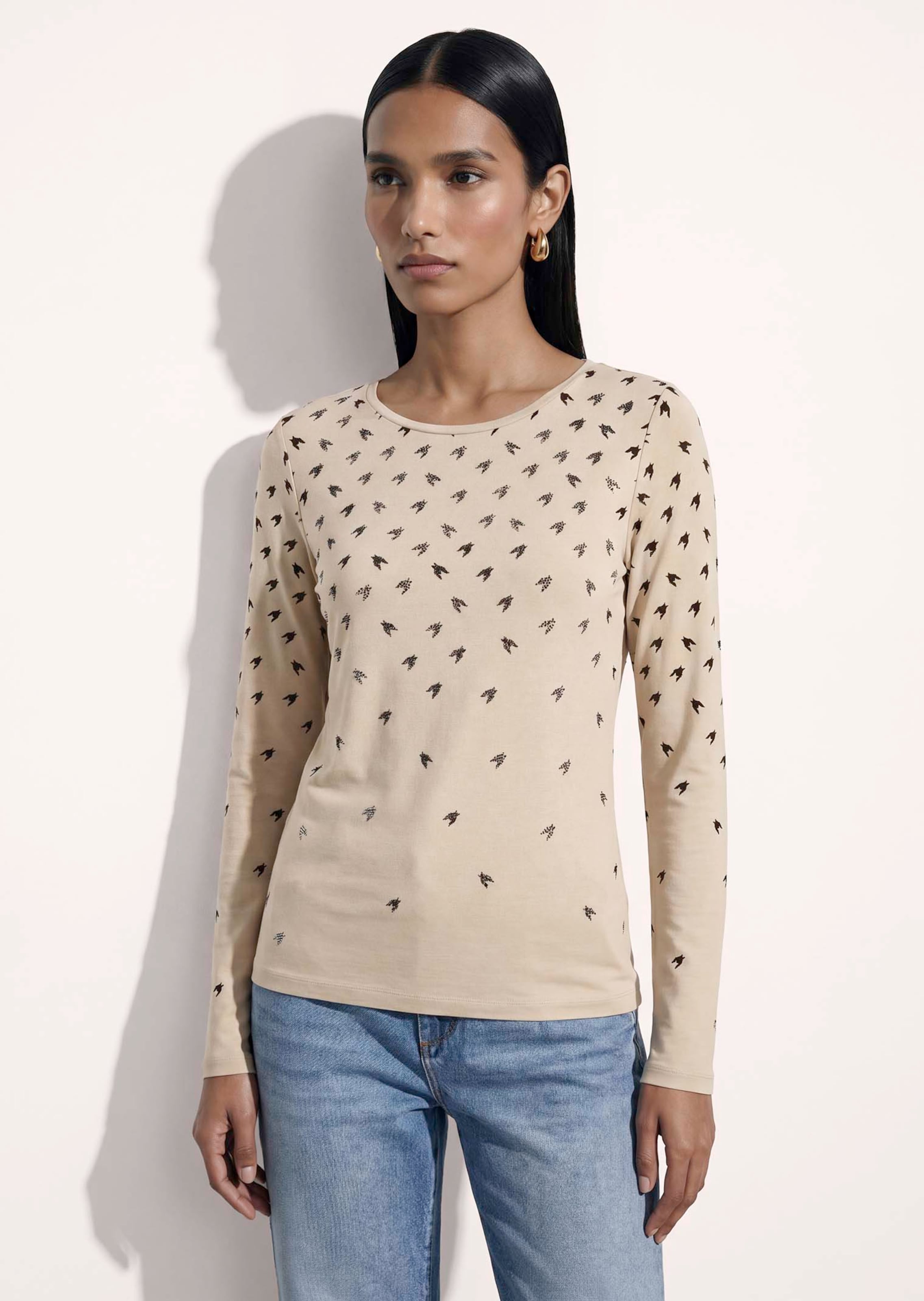 Langarmshirt mit Strass und Hahnentrittmuster