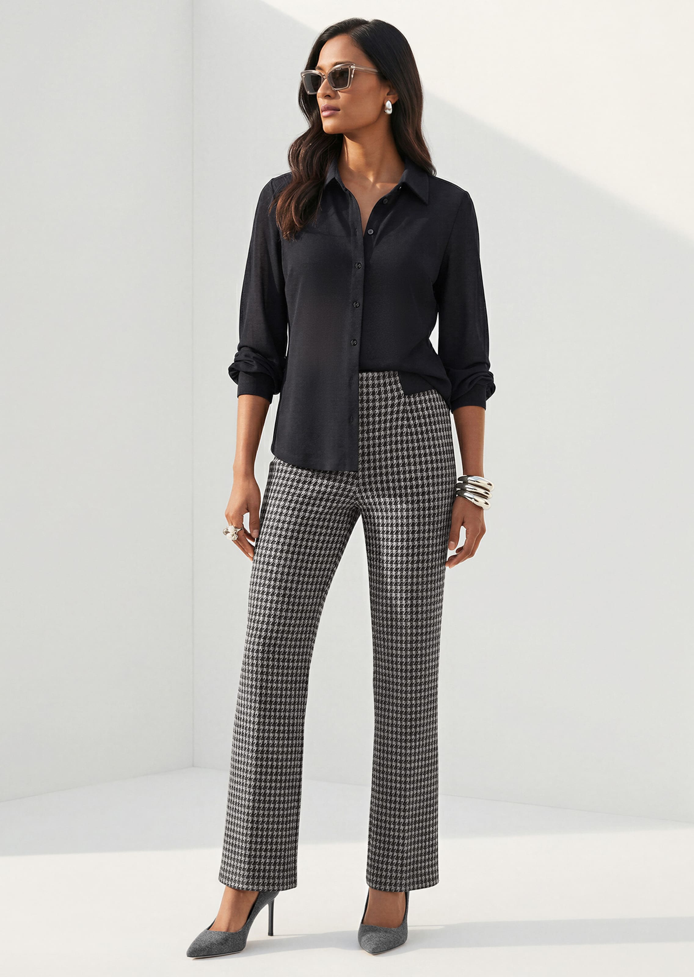 Broek met een elastische tailleband met pied-de-poule-dessin