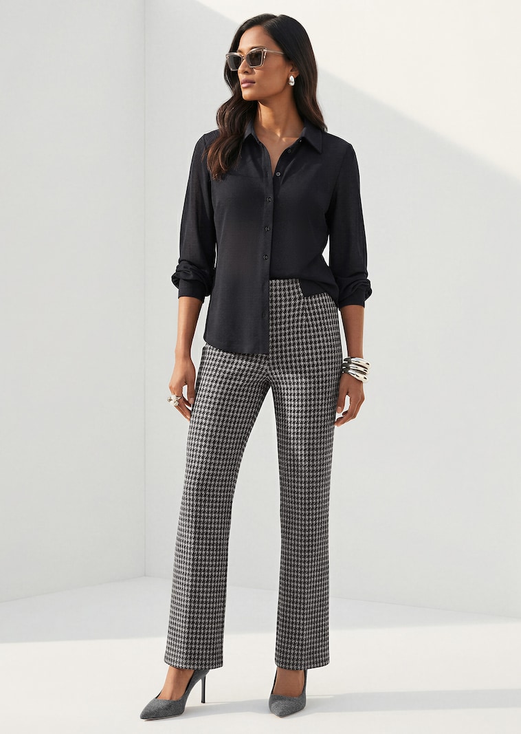 Broek met een elastische tailleband met pied-de-poule-dessin