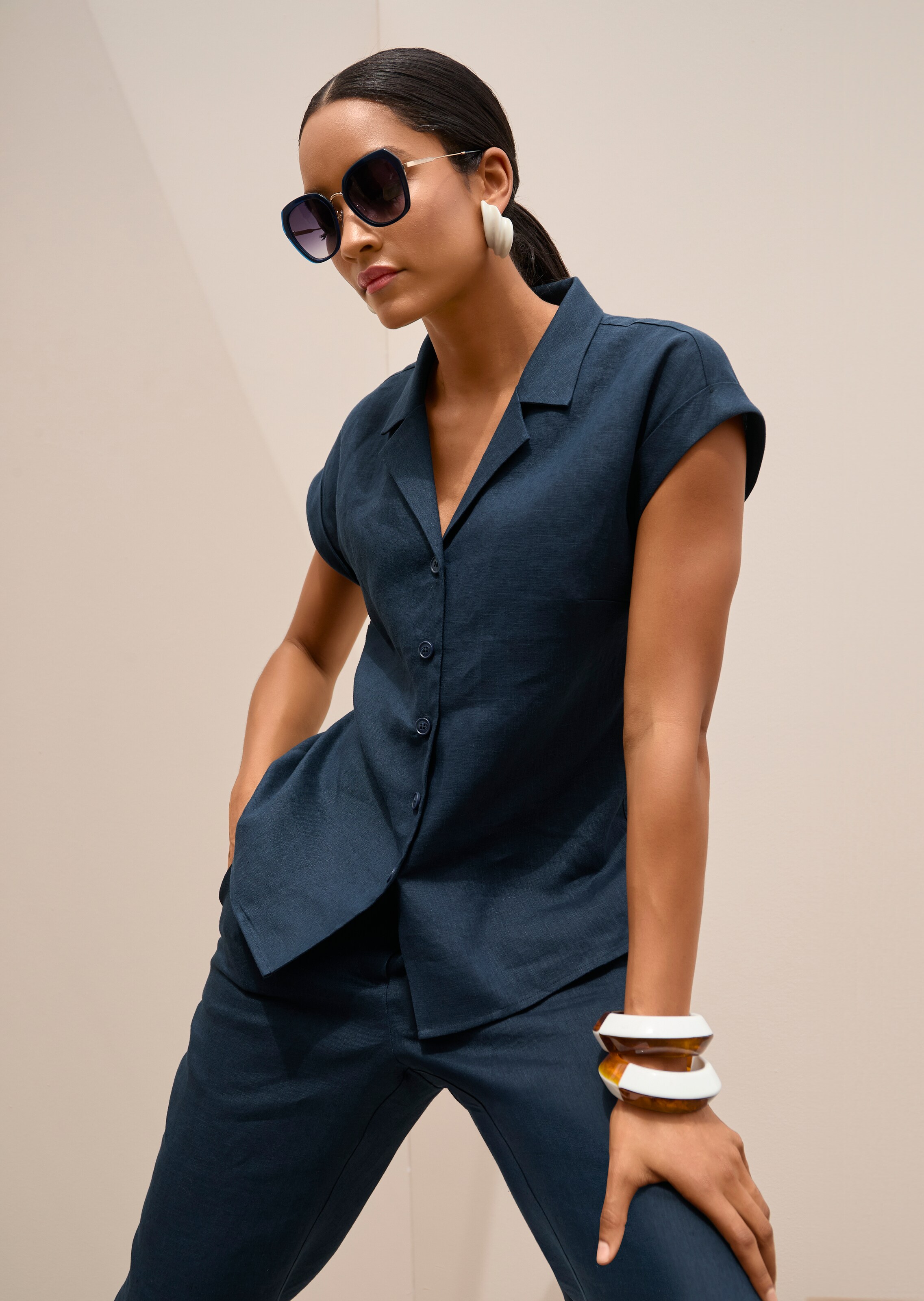 Chemise décontractée en lin à col à revers