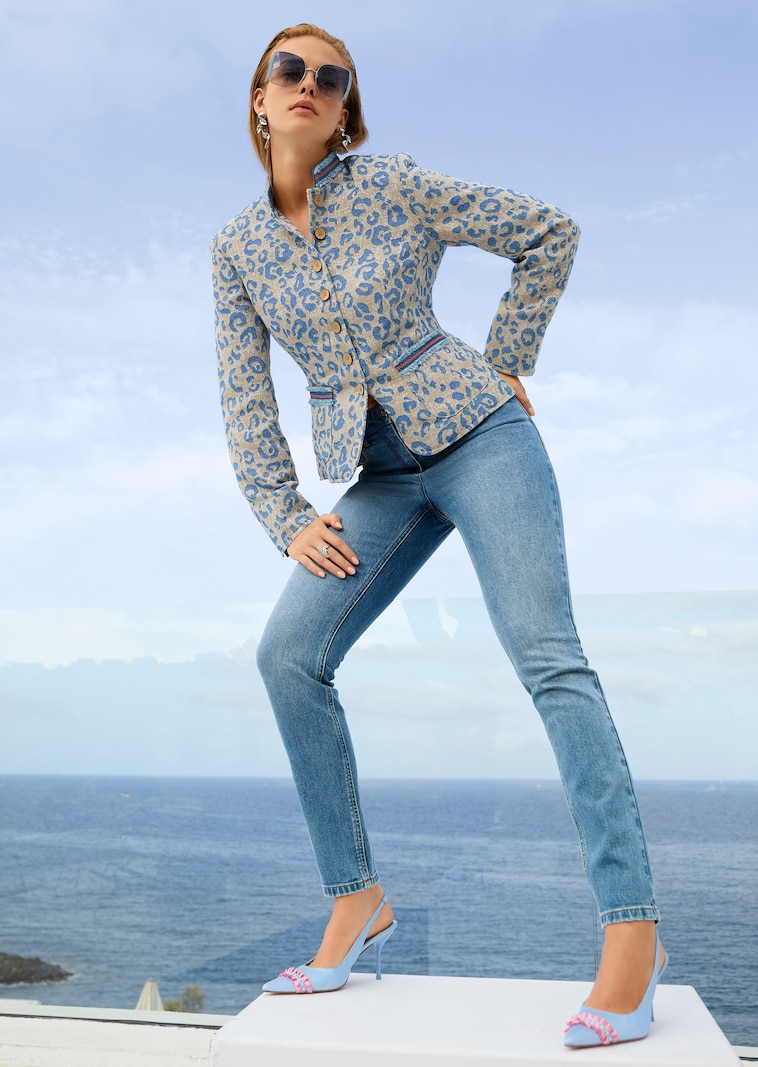 Leopard jacquard blazer with stand collar