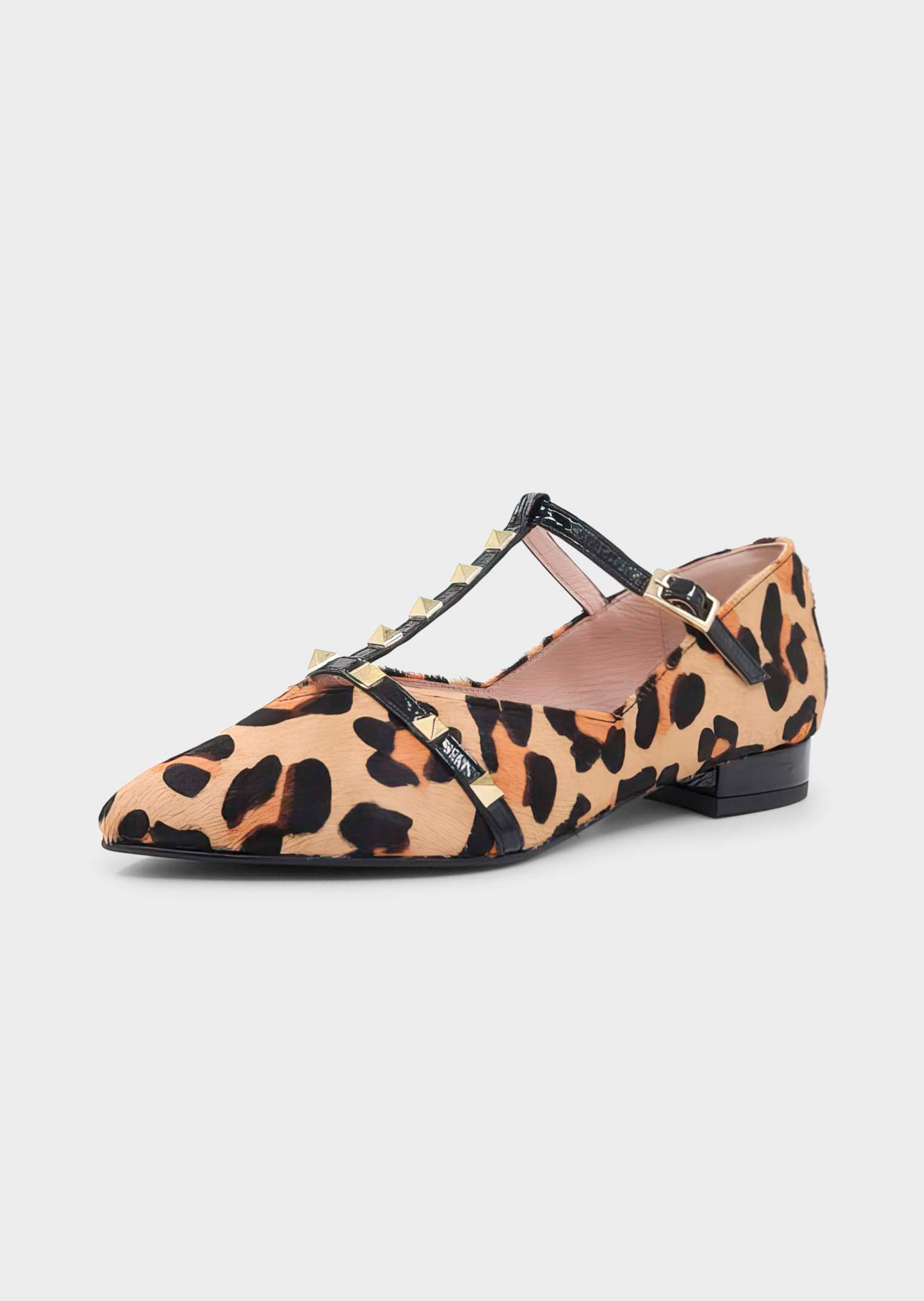 Leopard-print ballet flats with studs and patent straps