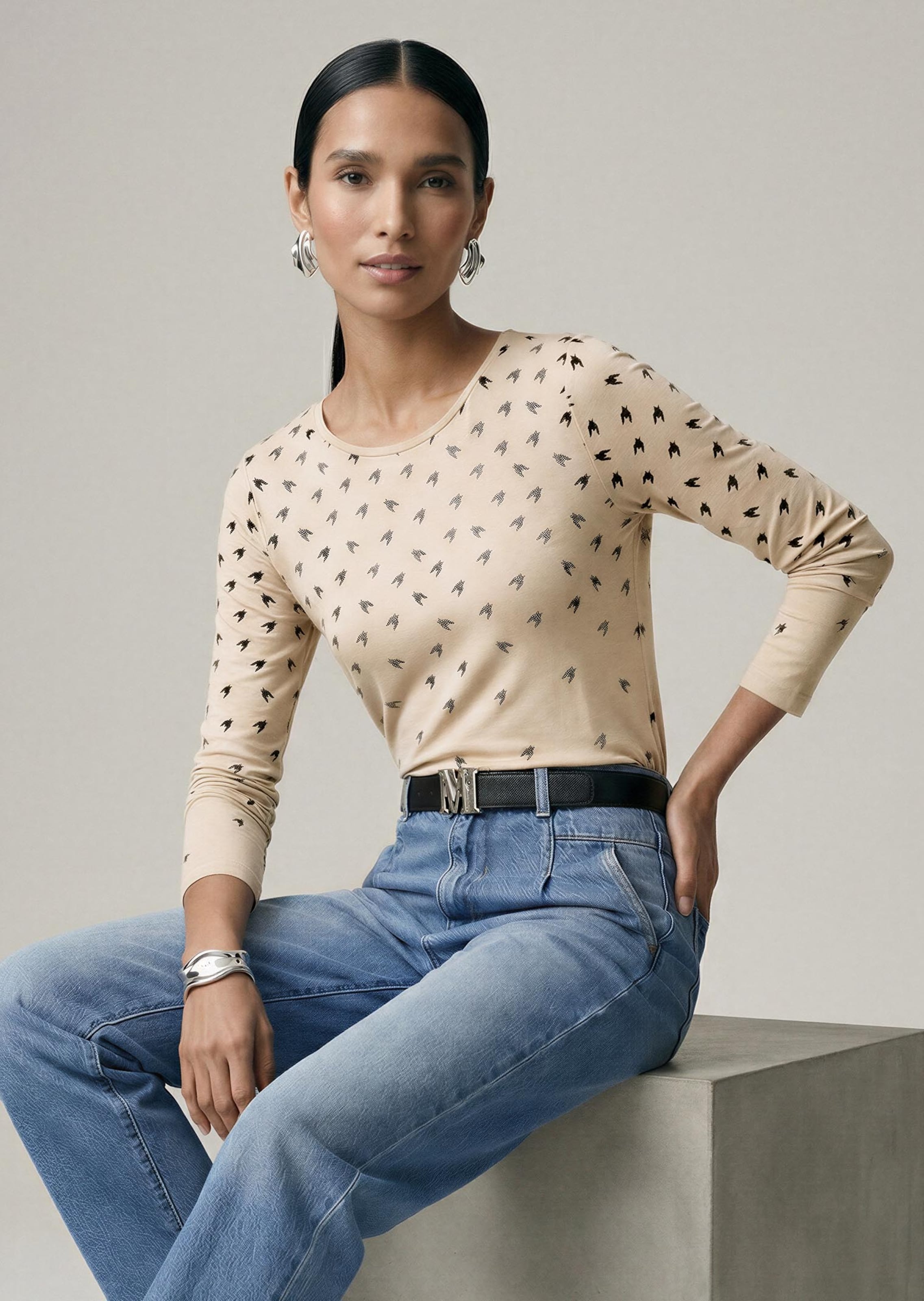 Langarmshirt mit Strass und Hahnentrittmuster