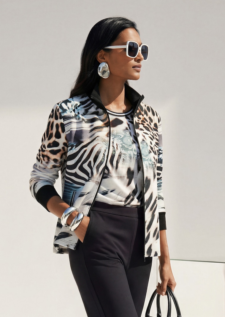 Sweat-Jacke mit Stehkragen und Animal-Print