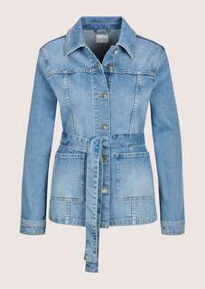 Lange denim jas met strikceintuur thumbnail 7