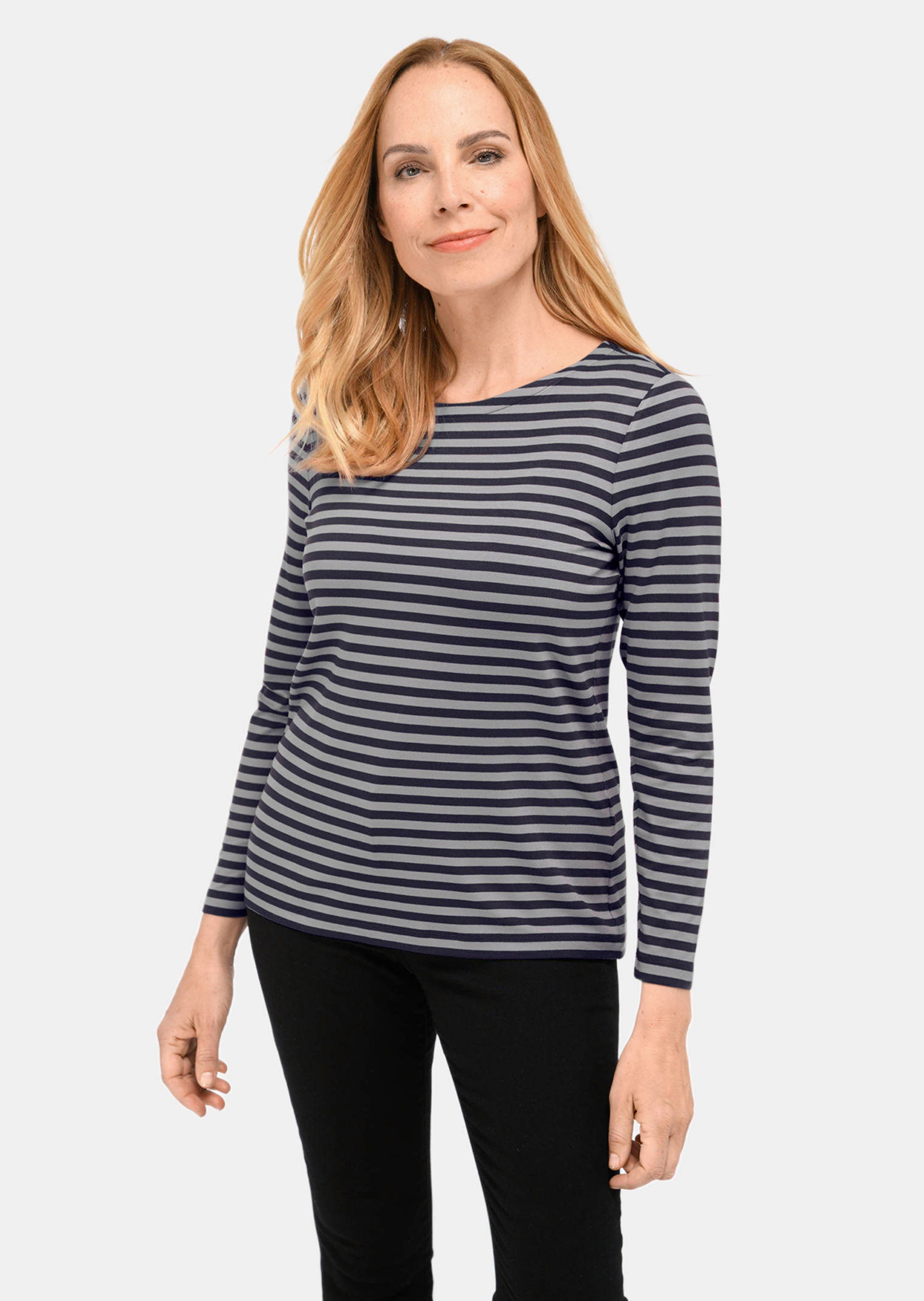 Ringelshirt mit hochwertigen, garngefärbten Ringeln – auch nach häufigem Waschen bleibt die Farbe lange schön. In formstabiler Baumwoll-Elasthan-Qualität. Länge ca. 66 cm in Gr. 46, ca. 62 cm in Gr. 23.