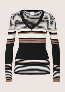 Gestreifter Feinstrickpullover mit V-Ausschnitt thumbnail 7