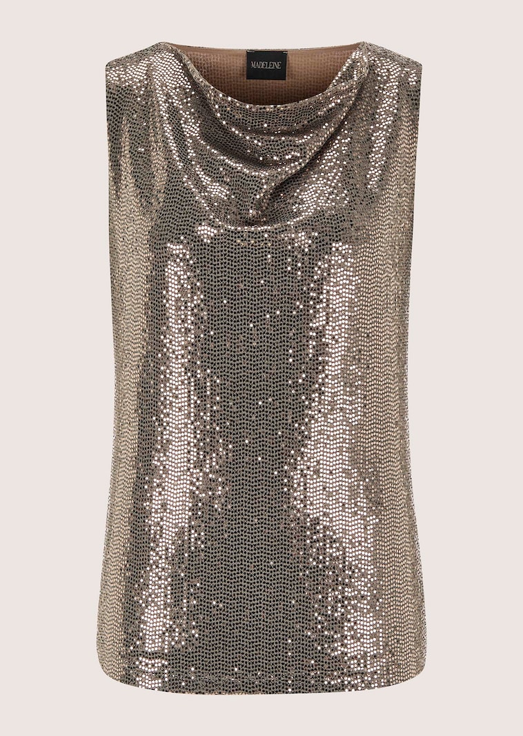 Top met glitterprint en watervalkraag