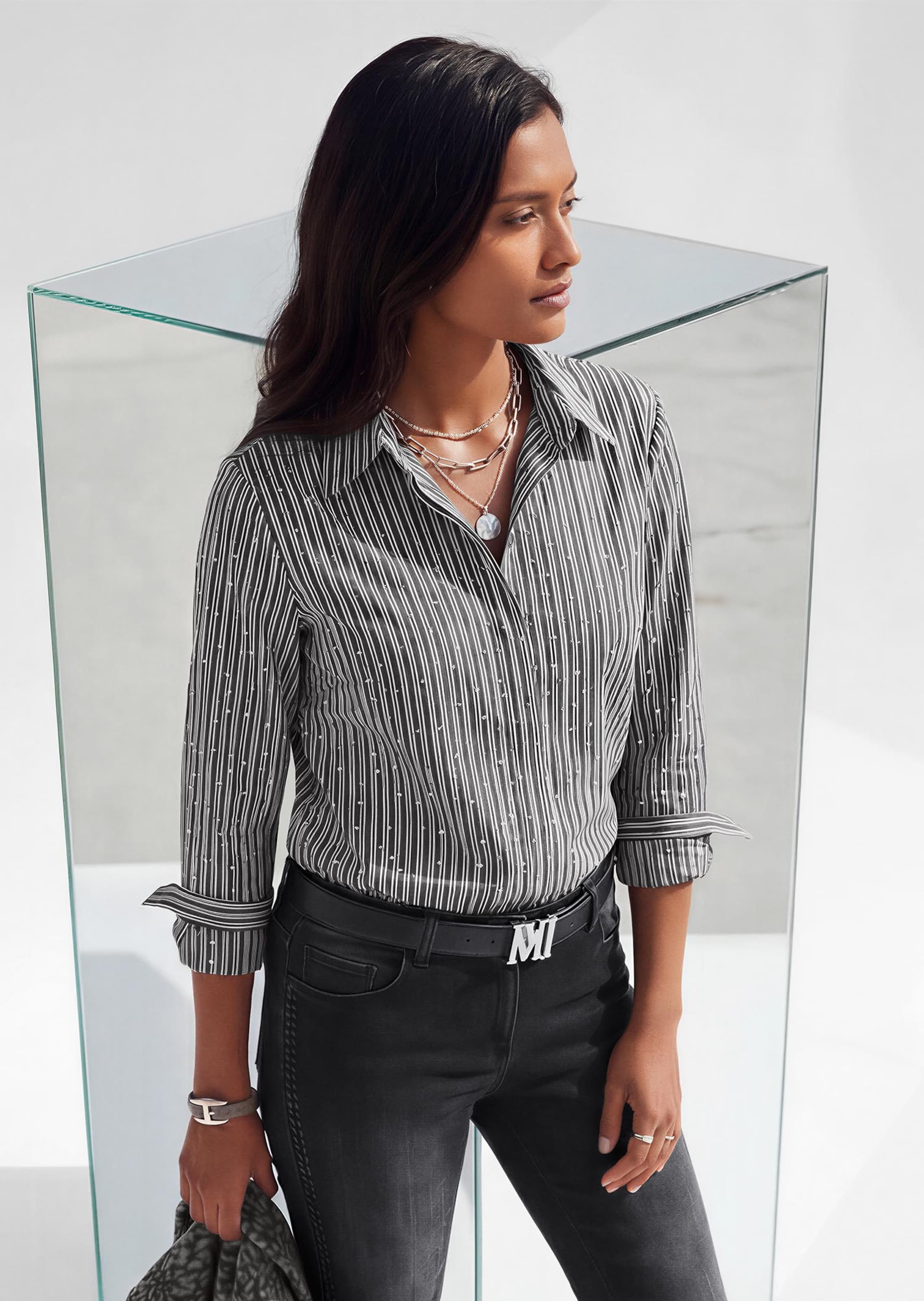 Blouse with stripes and rhinestones