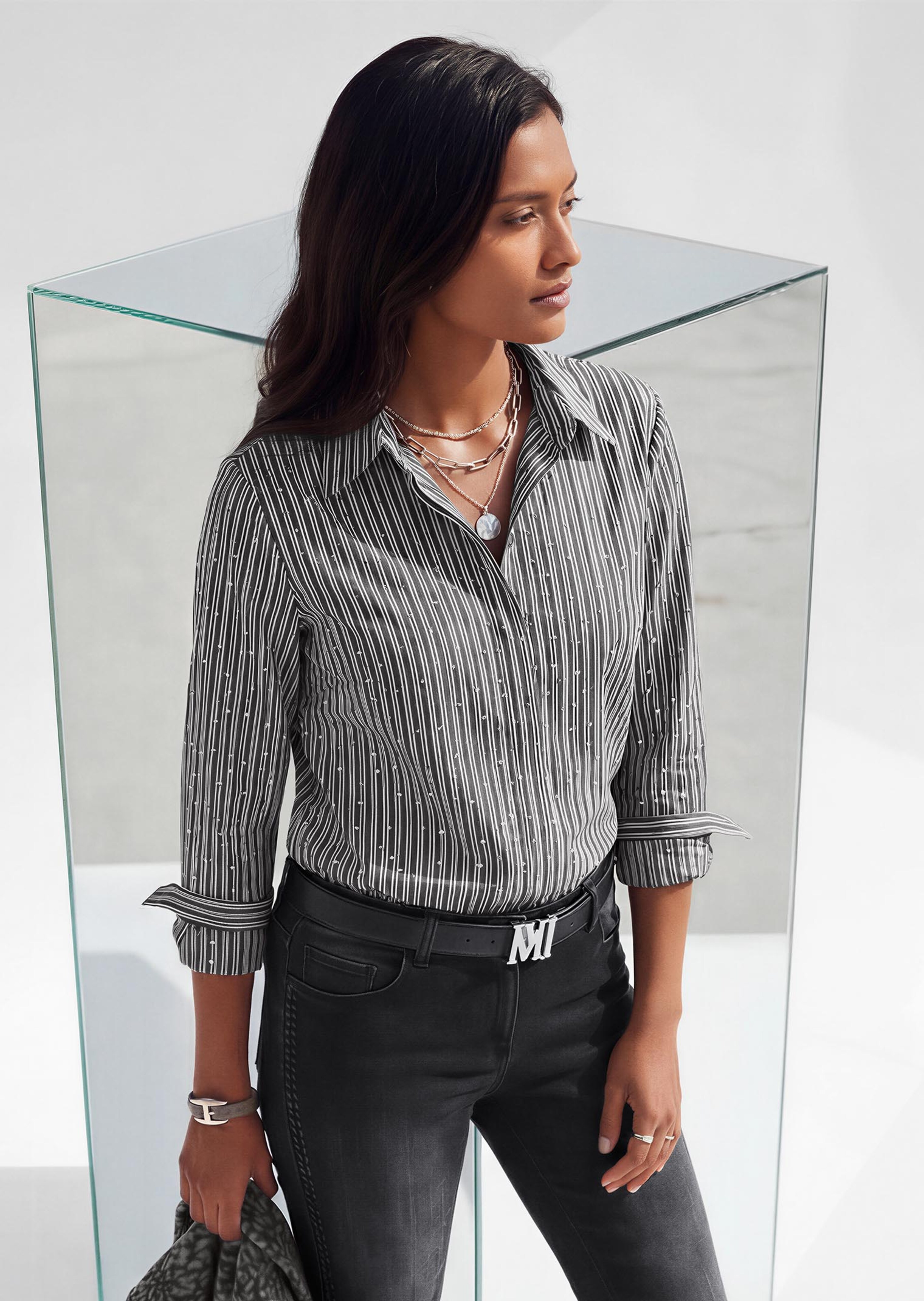 Blouse with stripes and rhinestones