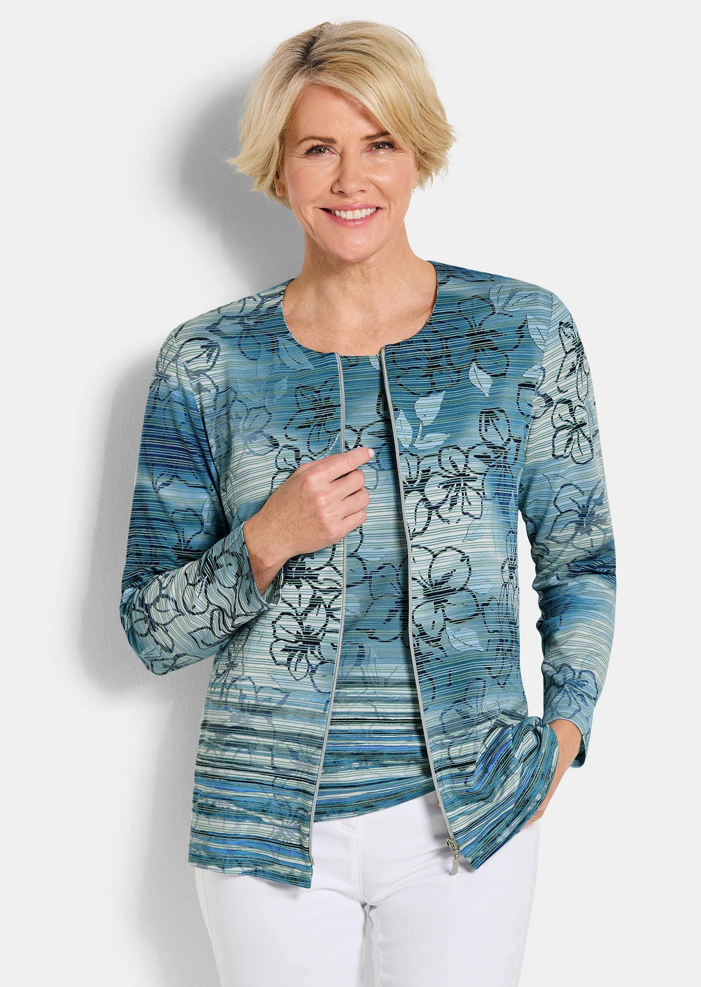 Shirtjacke aus geringeltem Struktur-Jersey