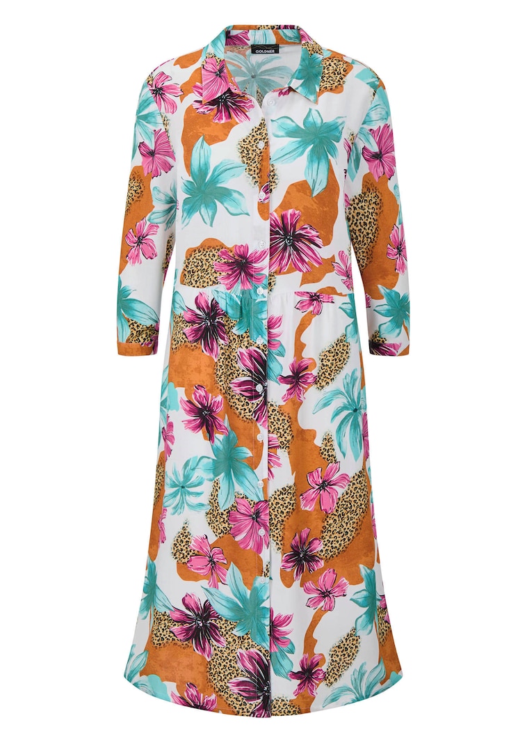 Hemdblusenkleid mit Leo Print und Blumen