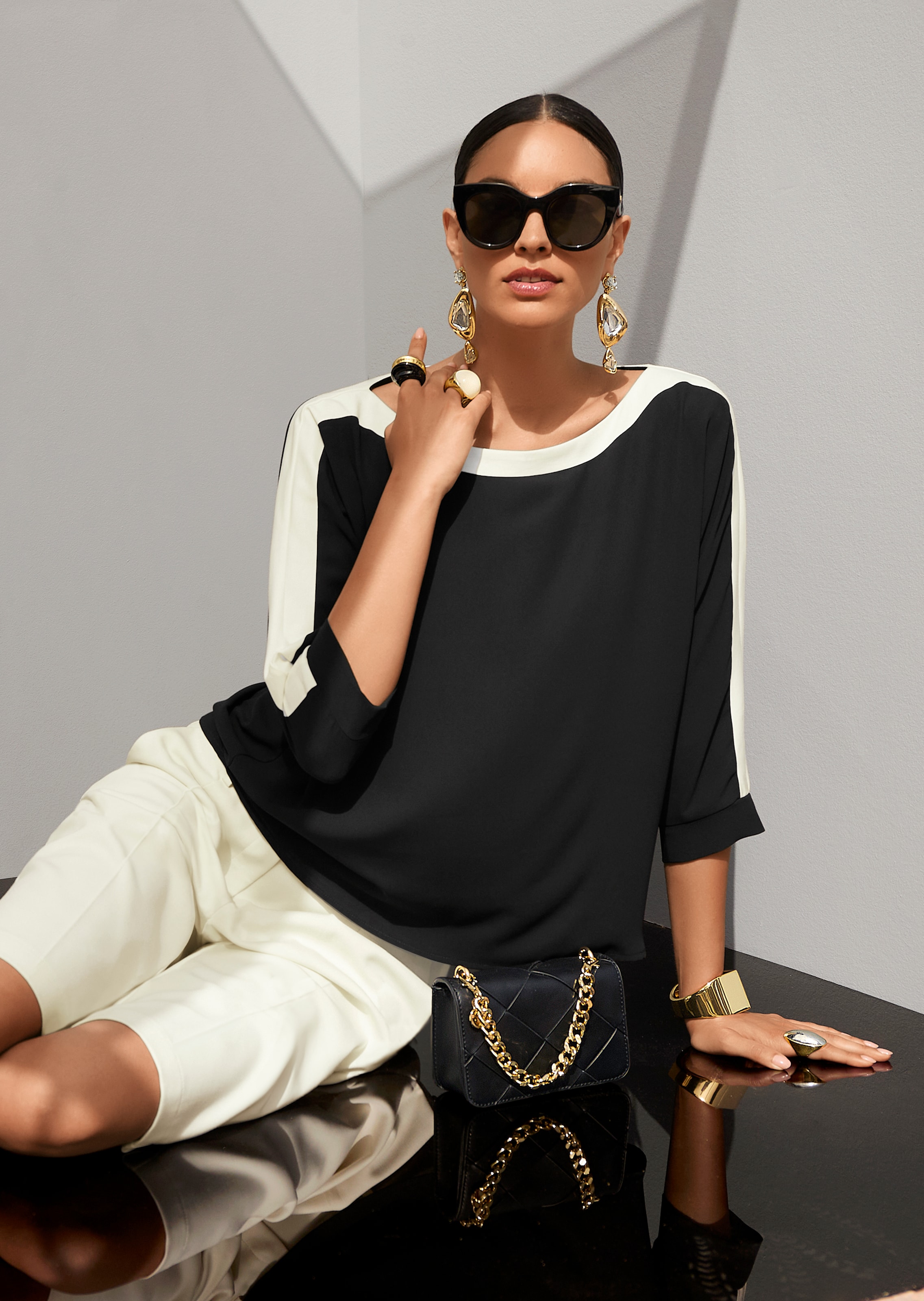 Bluse mit Colourblocking und 3/4-Ärmeln