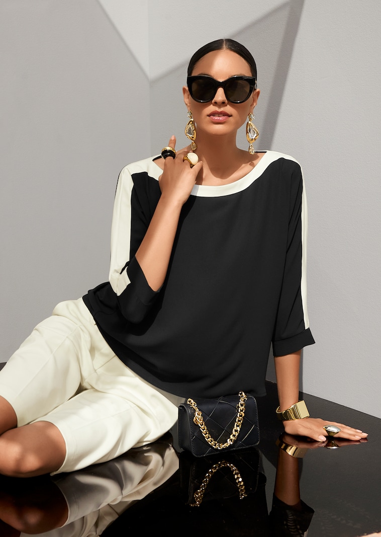 Bluse mit Colourblocking und 3/4-Ärmeln
