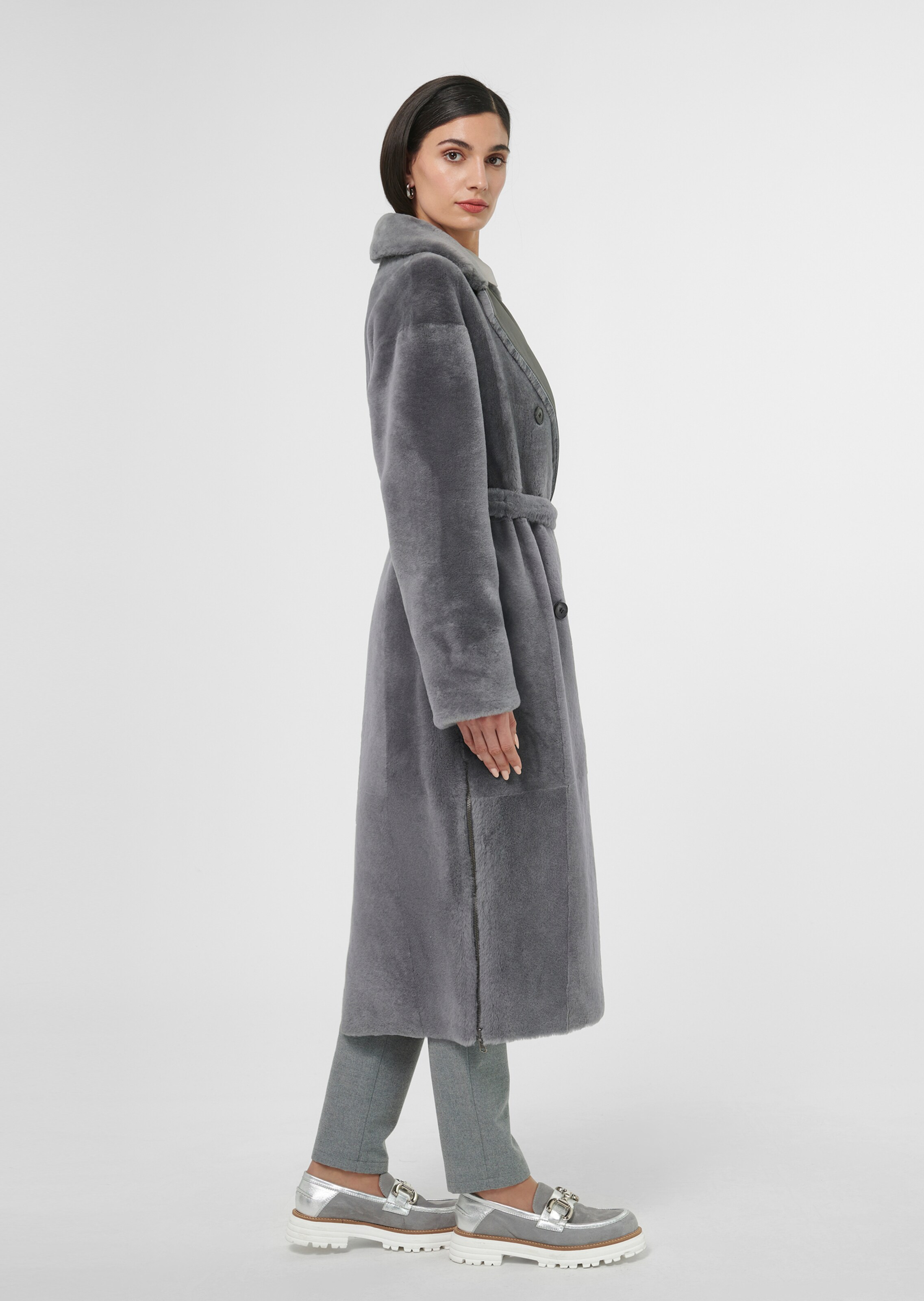 Reversible lambskin coat in pale grey | MADELEINE Fashion