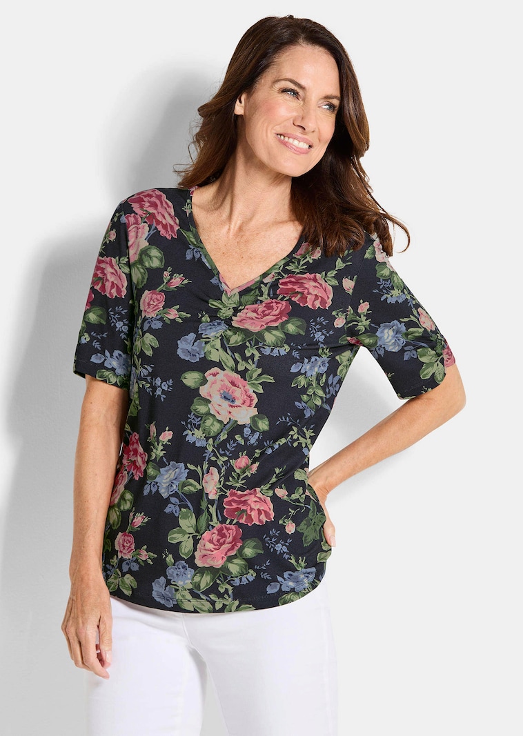 T-shirt floral en jersey avec fronces