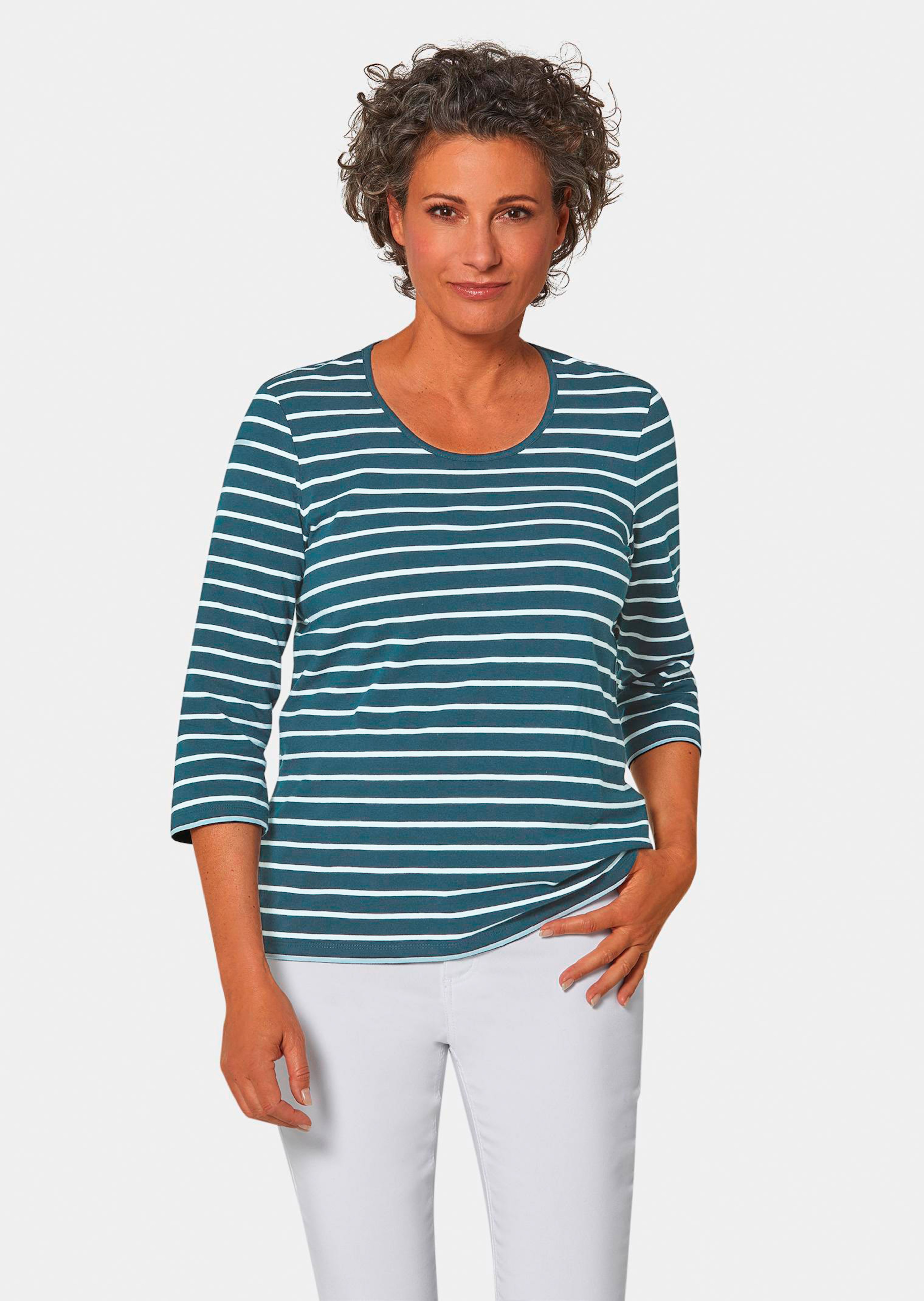 Ringelshirt mit hochwertigen, garngefärbten Ringeln – auch nach häufigem Waschen bleibt die Farbe lange schön. In formstabiler Baumwoll-Elasthan-Qualität. Länge ca. 66 cm in Gr. 46, ca. 62 cm in Gr. 23.