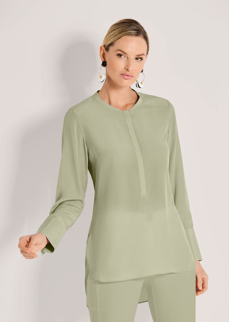 Long collarless silk shirt