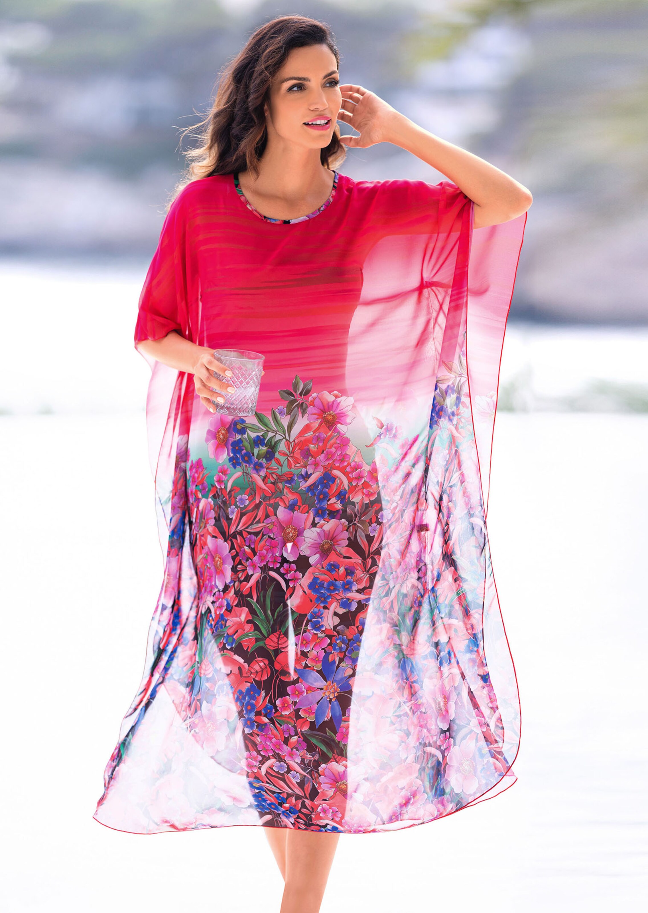 Semitransparenter Kaftan mit floralem Tropenprint