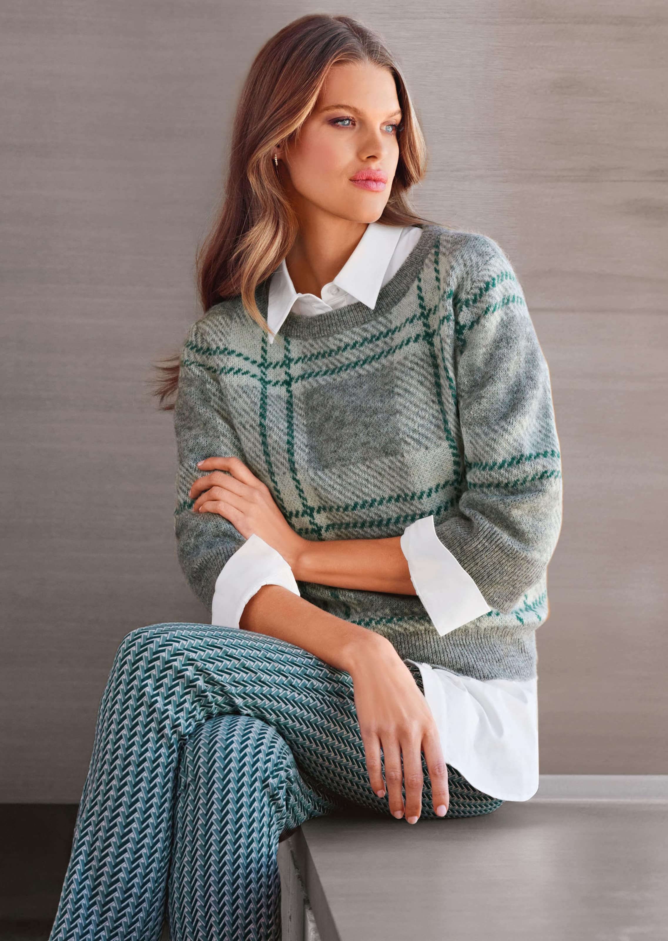 Strickpullover mit Karo und 3/4-Ärmeln