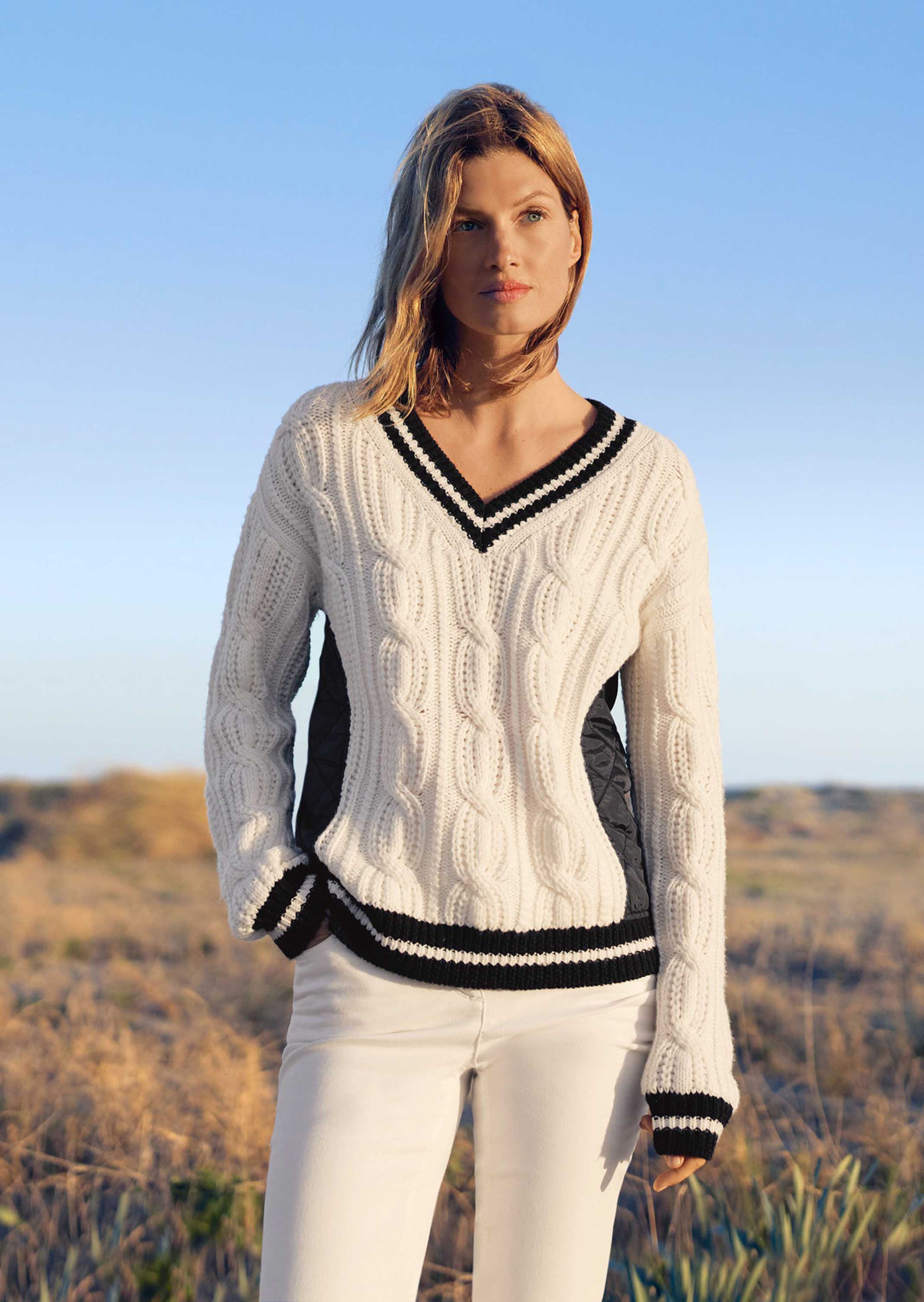 Zopfmuster-Pullover mit wattierten Steppeinsätzen