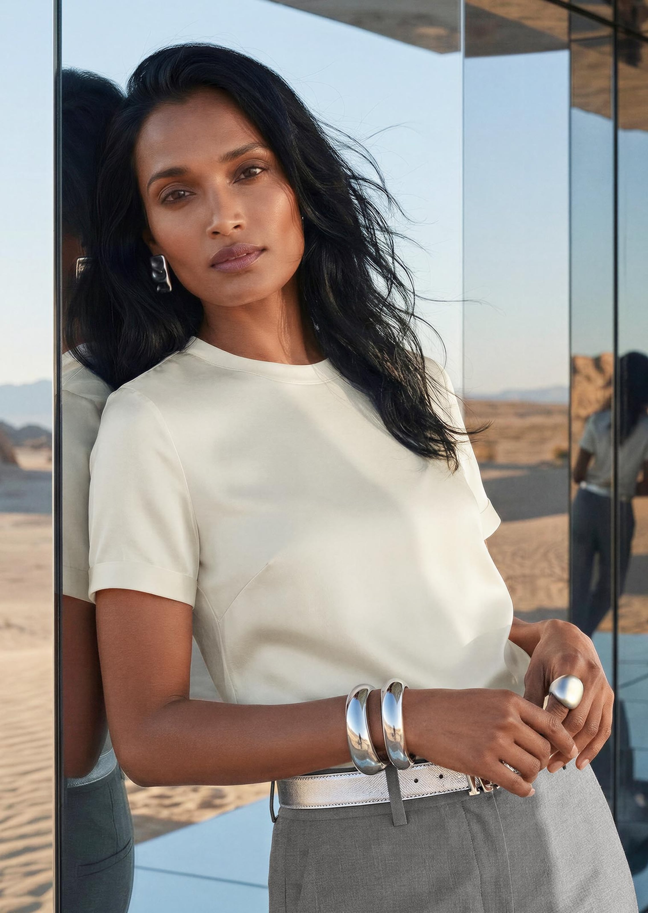 Blouse en soie avec empiècements en maille côtelée