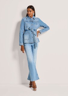 Lange denim jas met strikceintuur thumbnail 3