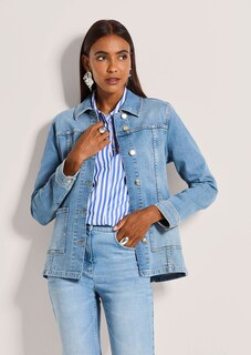 Lange denim jas met strikceintuur thumbnail 2