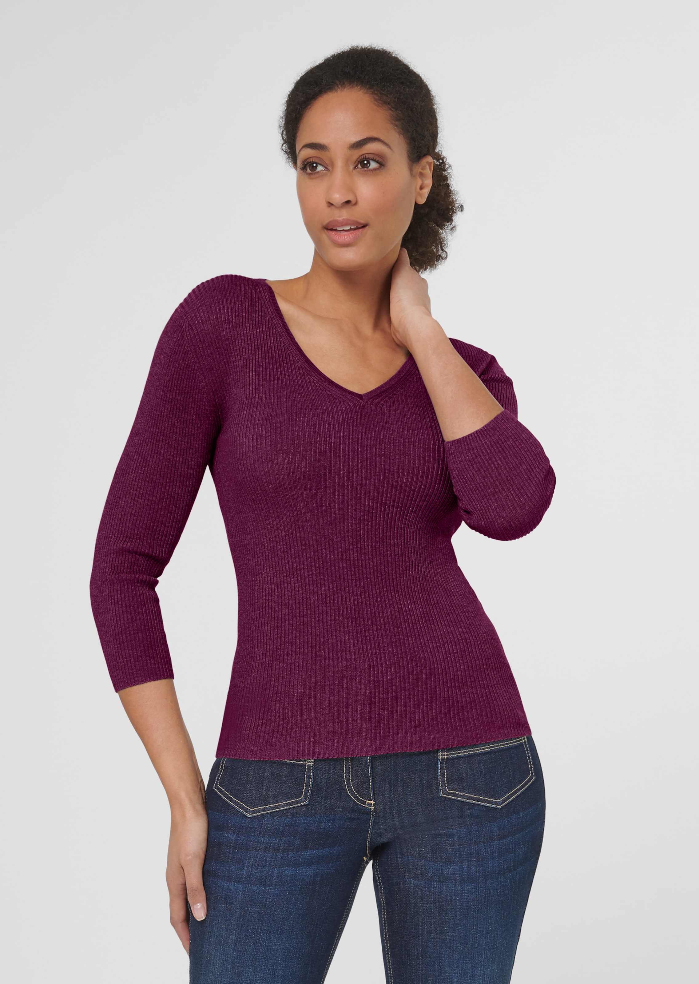 Rib knit jumper with close-fitting design and 3/4-length sleeves