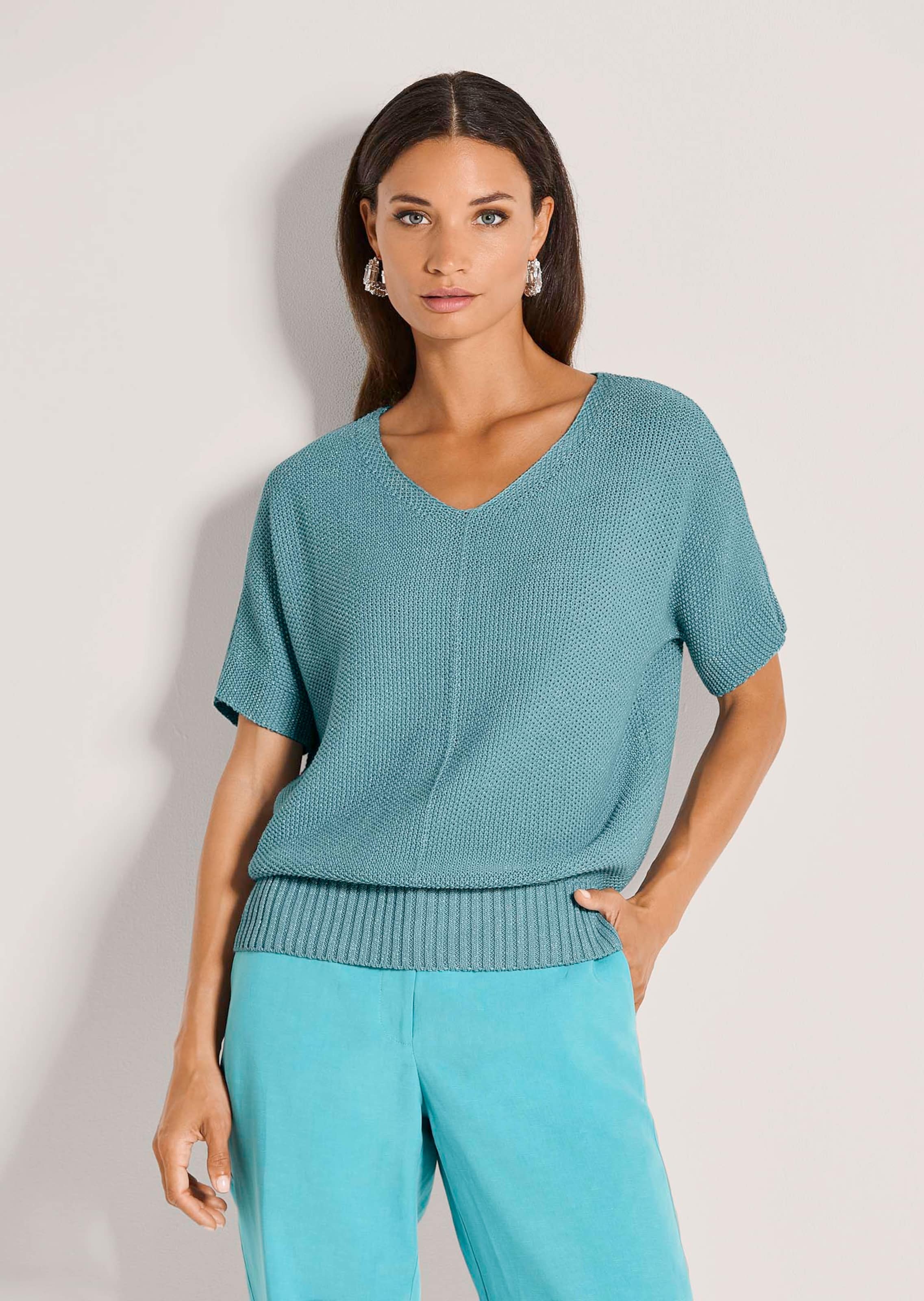 Halbarm-Pullover mit Strukturstrick und Glanzgarn