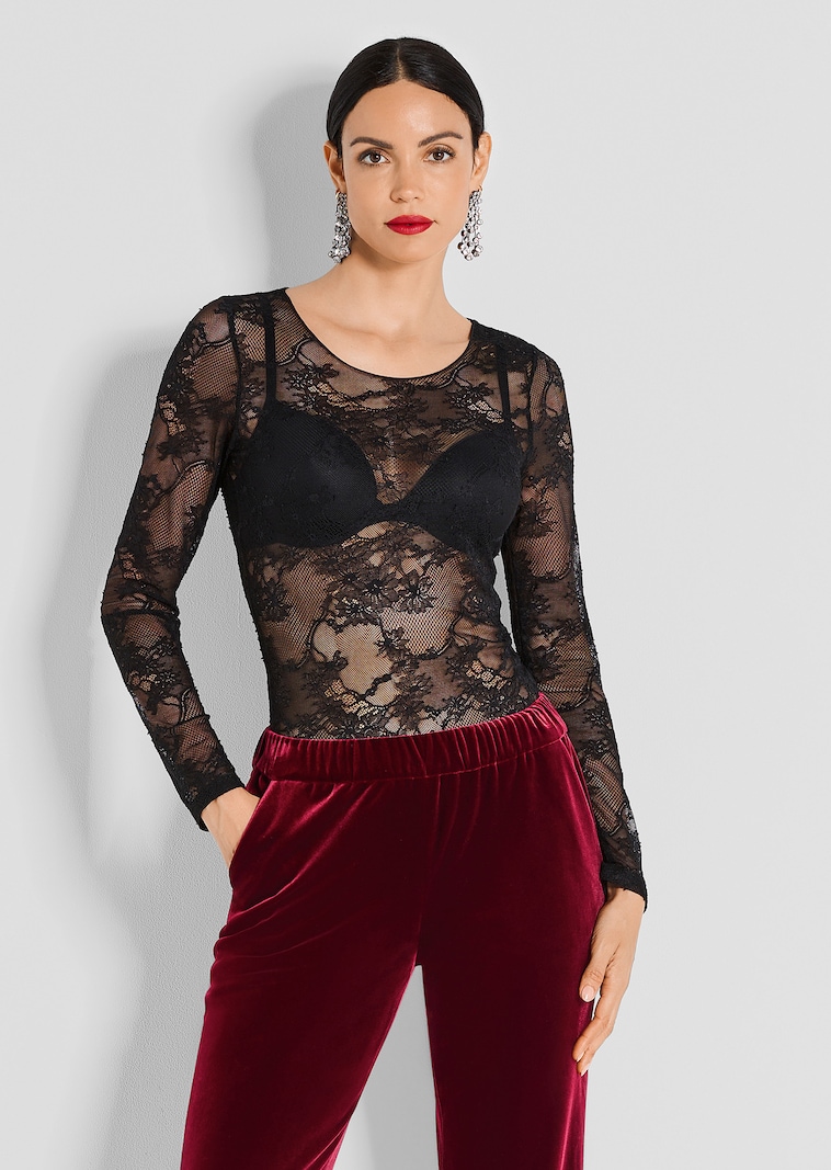 Long-sleeve sheer mesh top