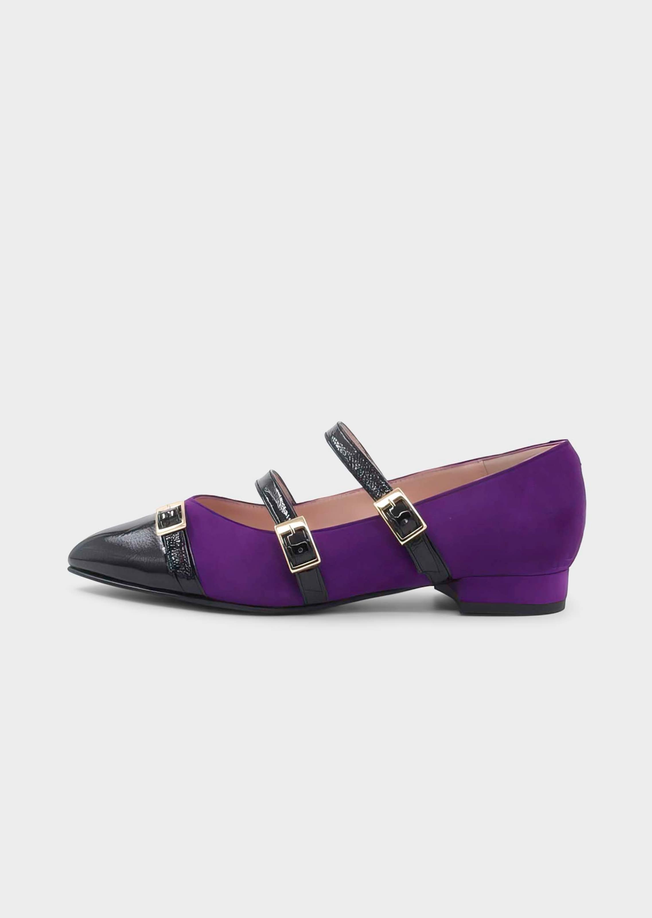 Wildleder-Ballerina mit Riemchen in Lackoptik