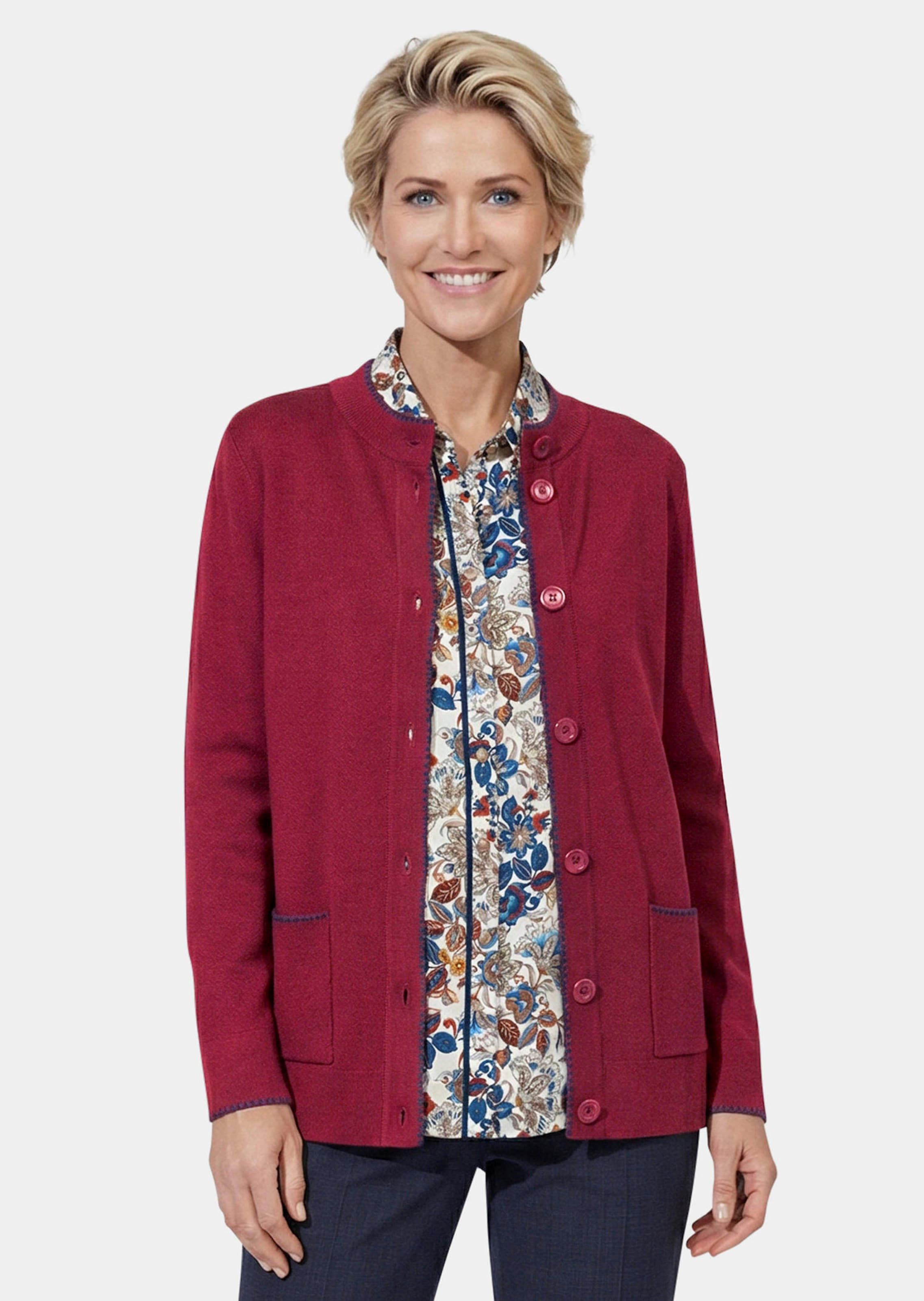 Longstrickjacke mit kontrastfarbenen Zierkanten