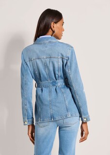 Lange denim jas met strikceintuur thumbnail 4