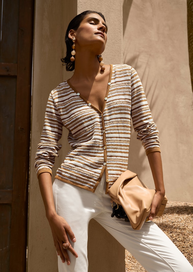 Narrow cardigan with multicoloured stripe pattern