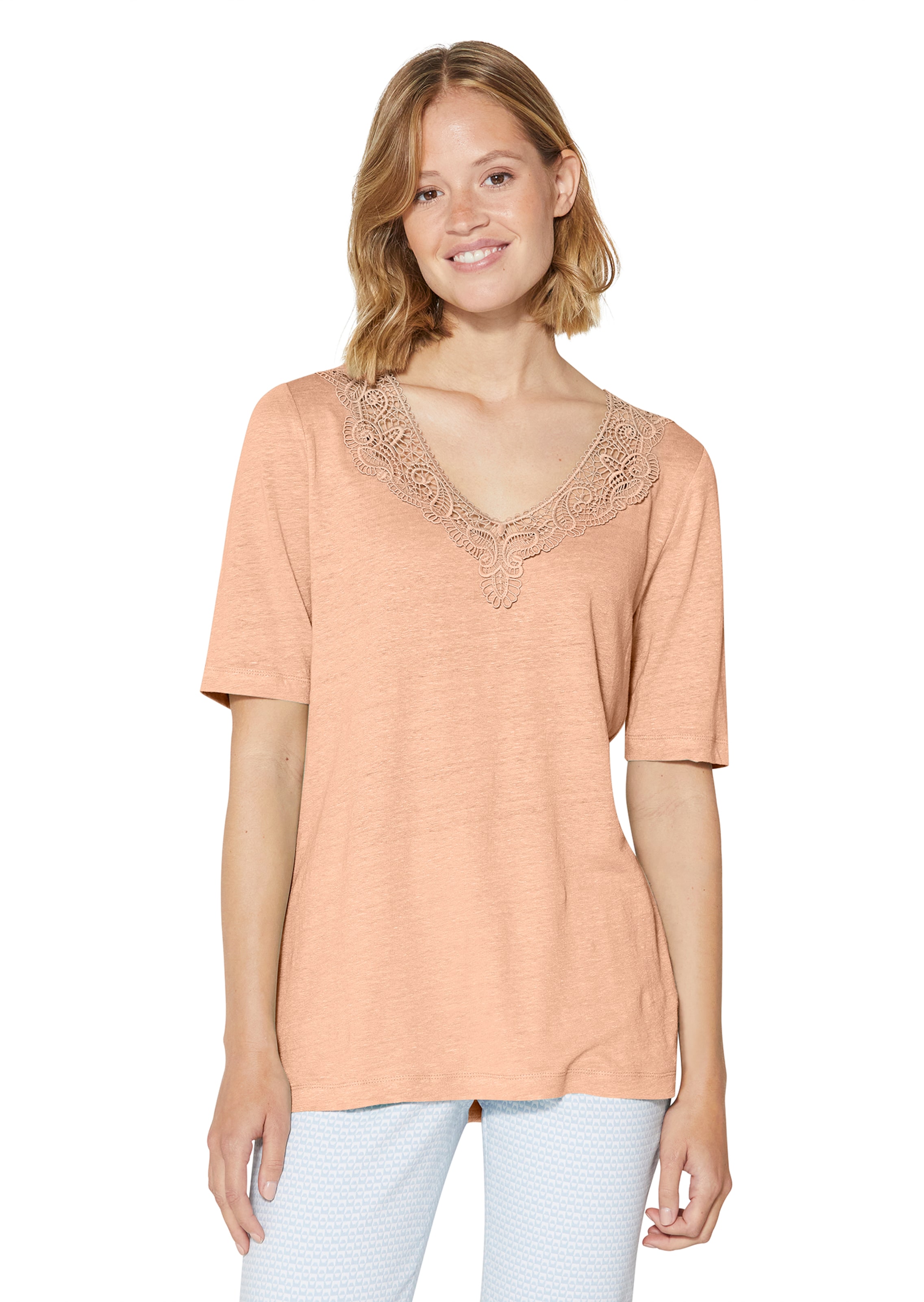 Leinenshirt mit kurzen Ärmeln und feiner Spitze