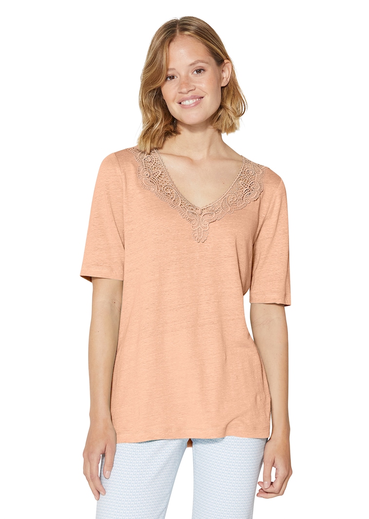 Leinenshirt mit kurzen Ärmeln und feiner Spitze