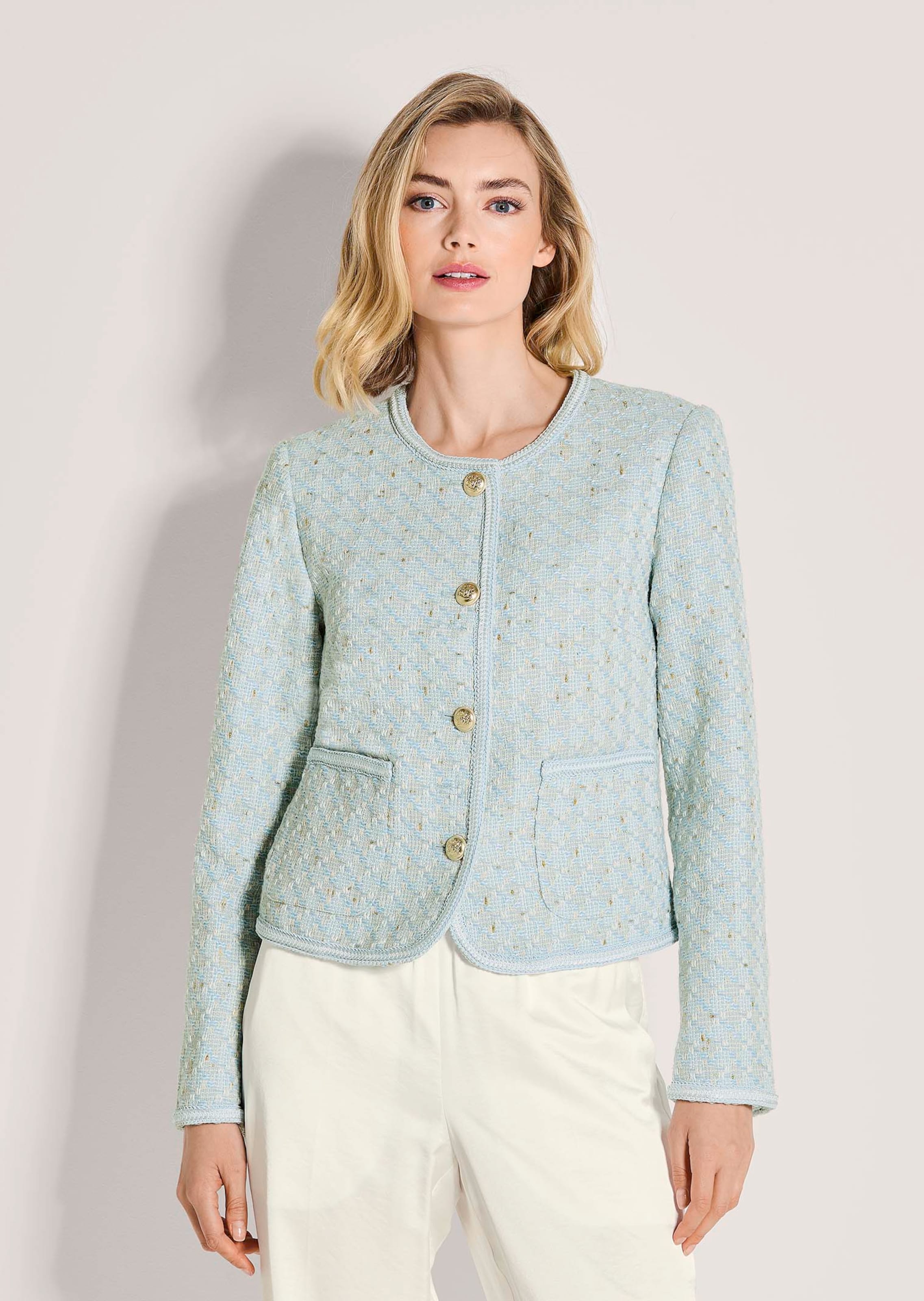 Tweed-Blazer mit Glanzgarn und Schmuckkante