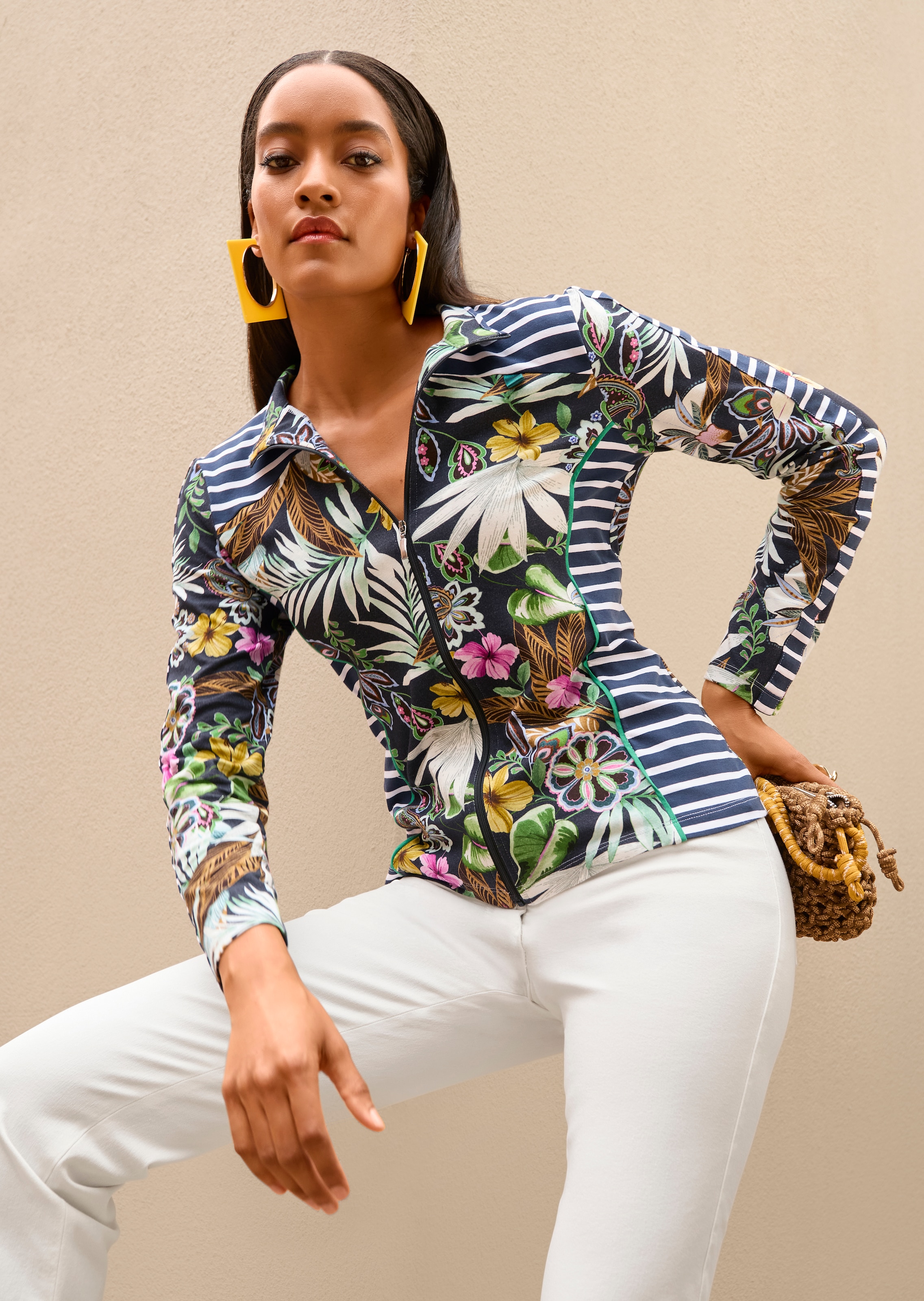 Shirtjacke mit Streifen- und Blumendruck