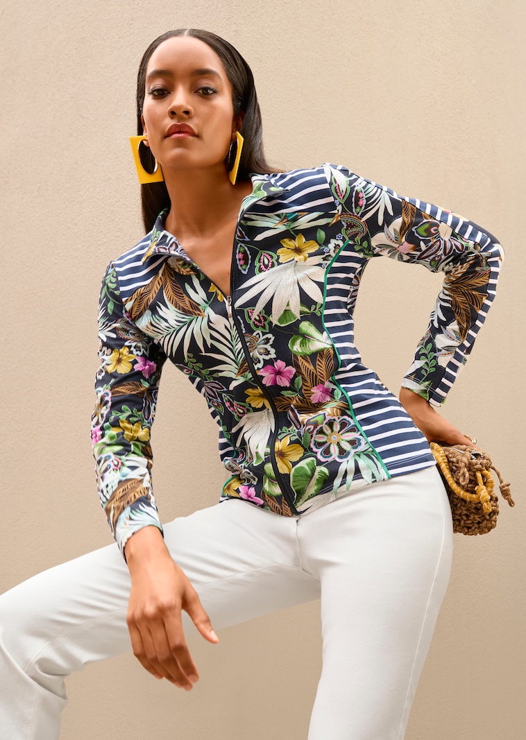 Shirtjacke mit Streifen- und Blumendruck